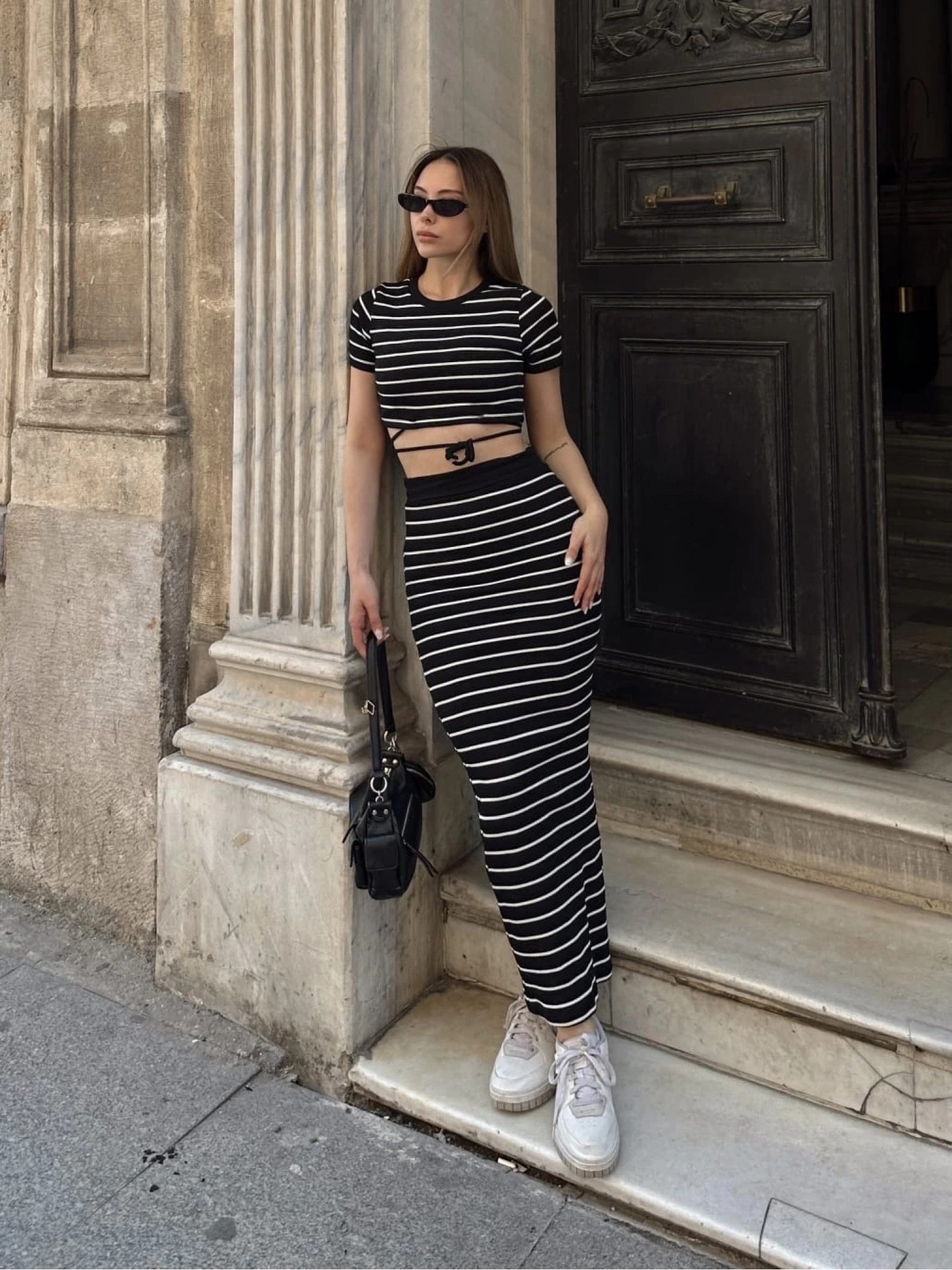 Çizgili etekli takım siyah s3609