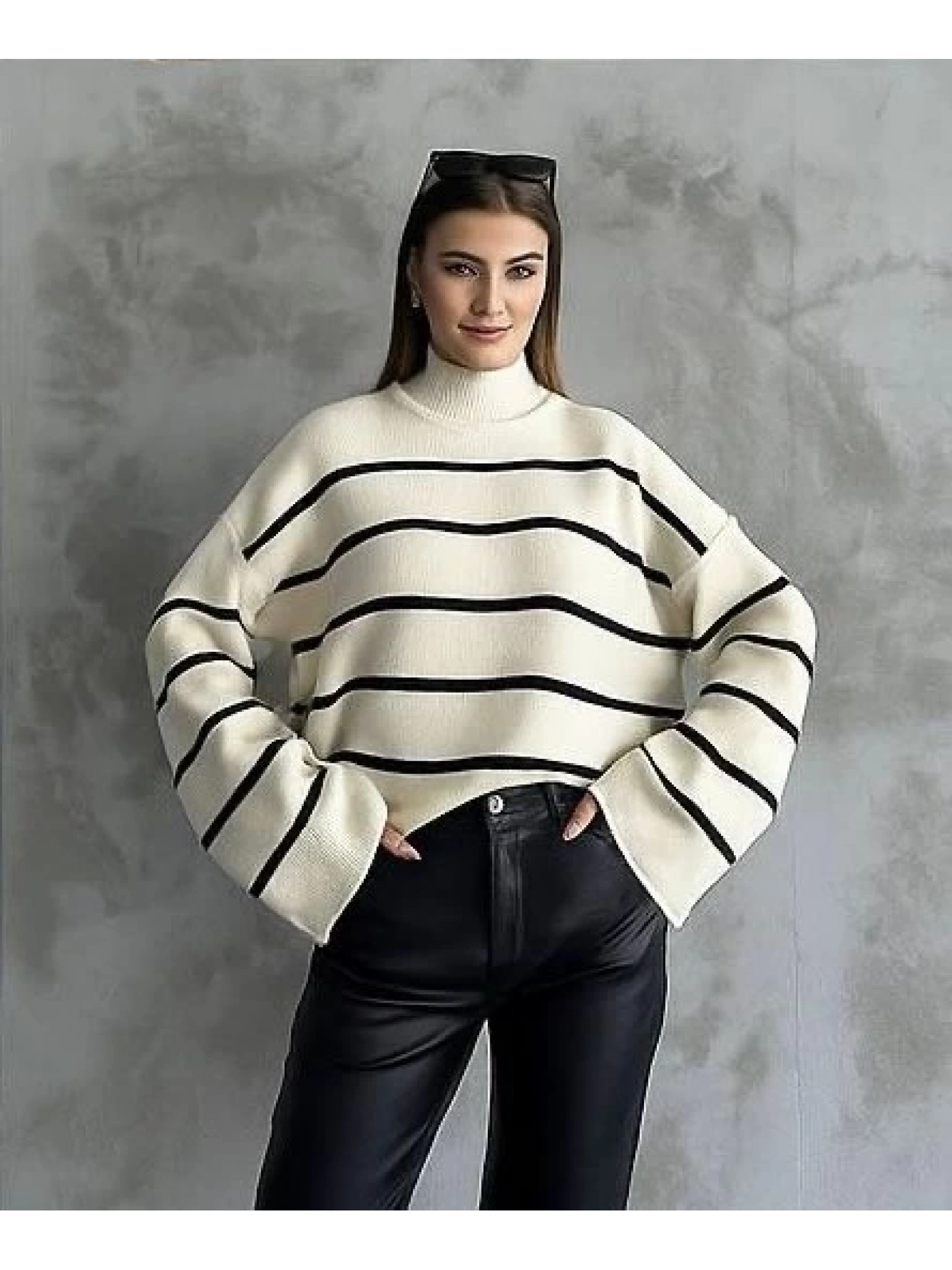 Çizgili ispanyol kol triko boğazlı kazak beyaz elf