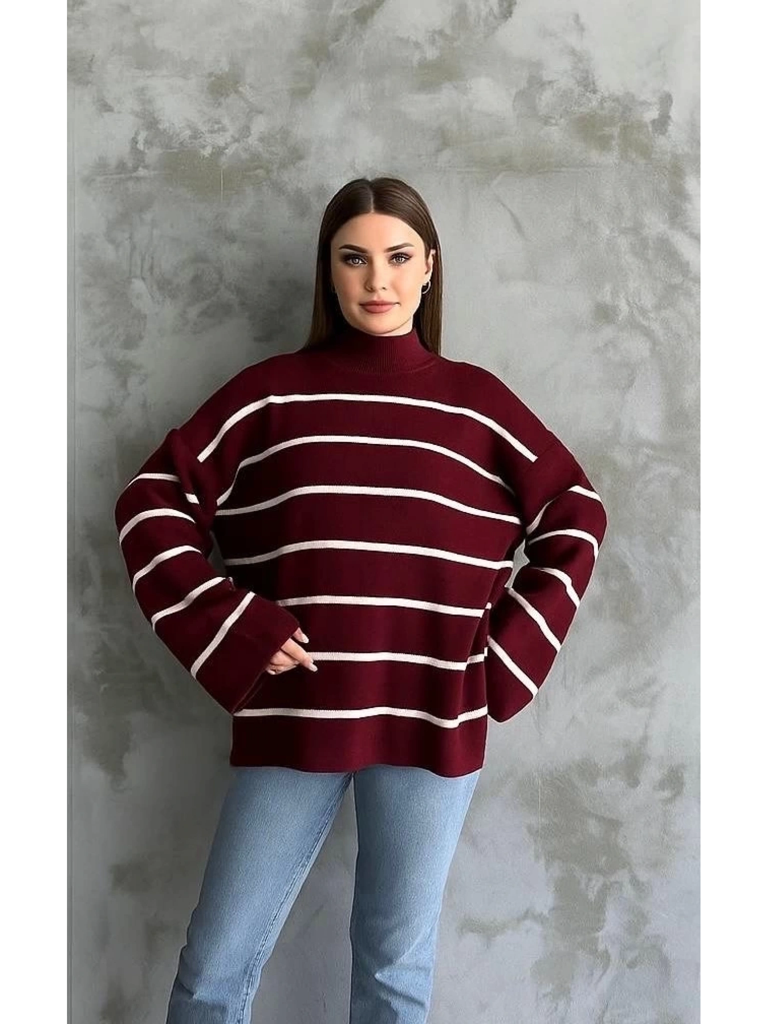 Çizgili ispanyol kol triko boğazlı kazak bordo elf