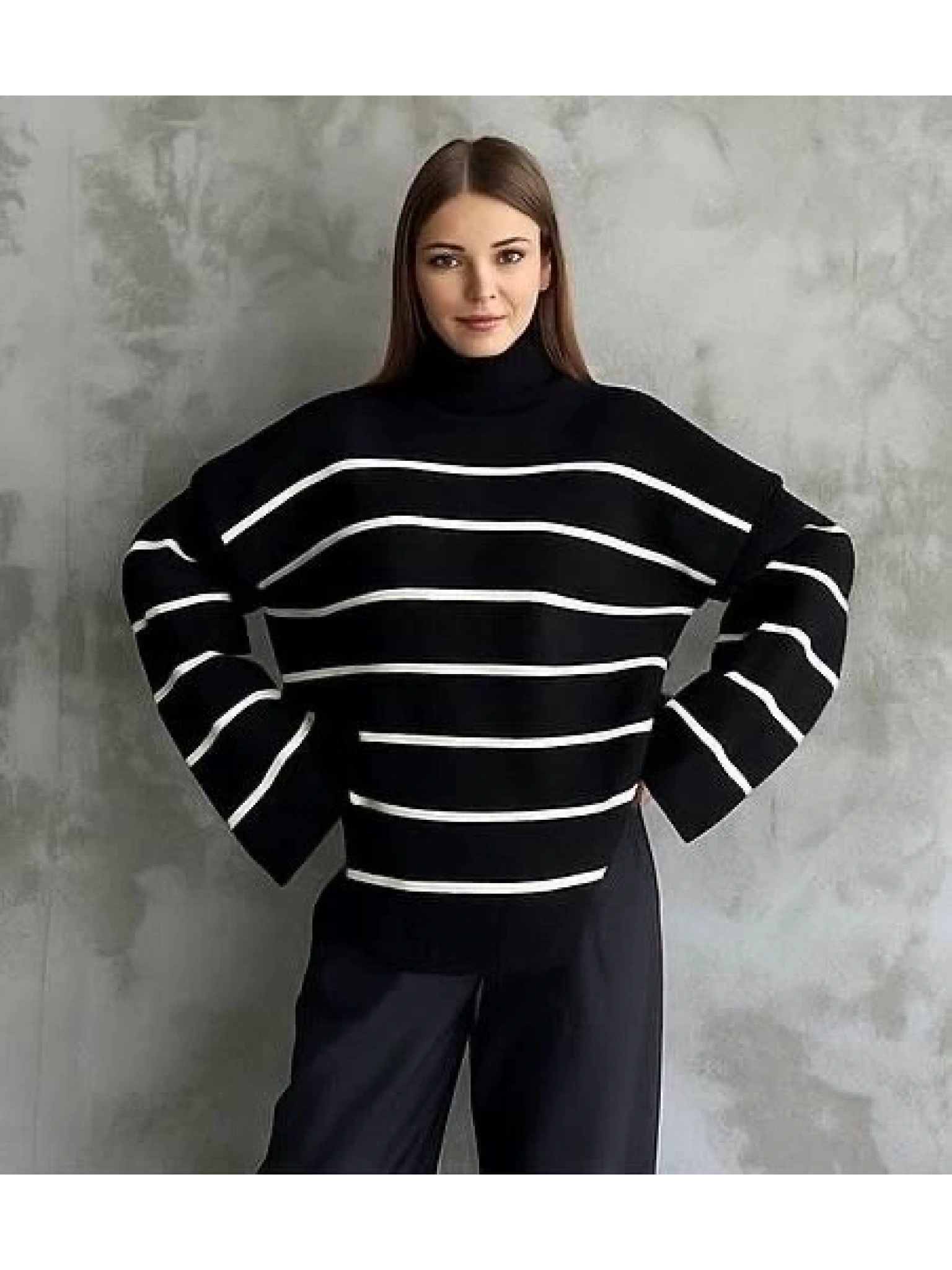 Çizgili ispanyol kol triko boğazlı kazak siyah elf