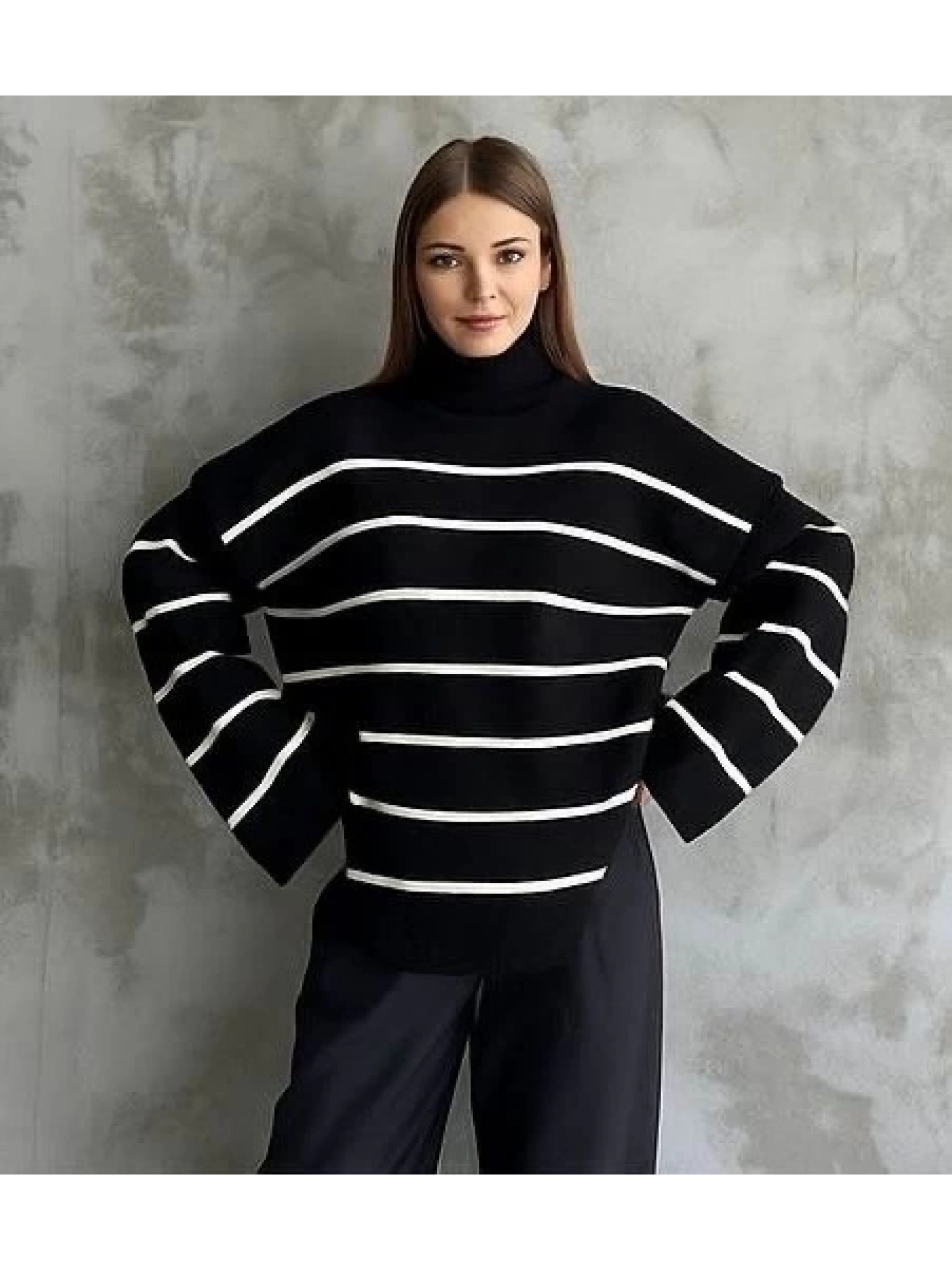 Çizgili ispanyol kol triko boğazlı kazak siyah elf