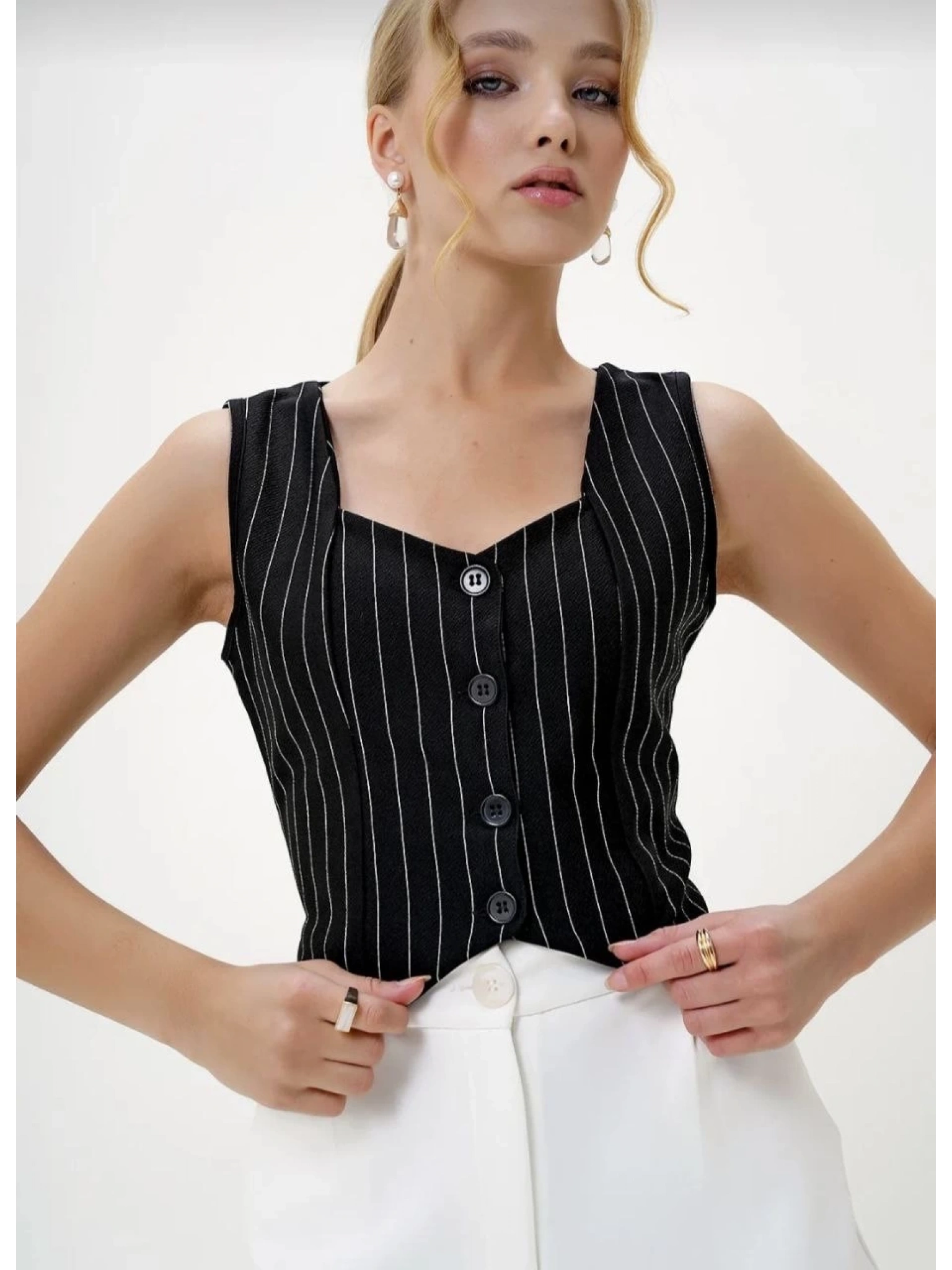 Çizgili krep düğmeli yelek siyah s3395