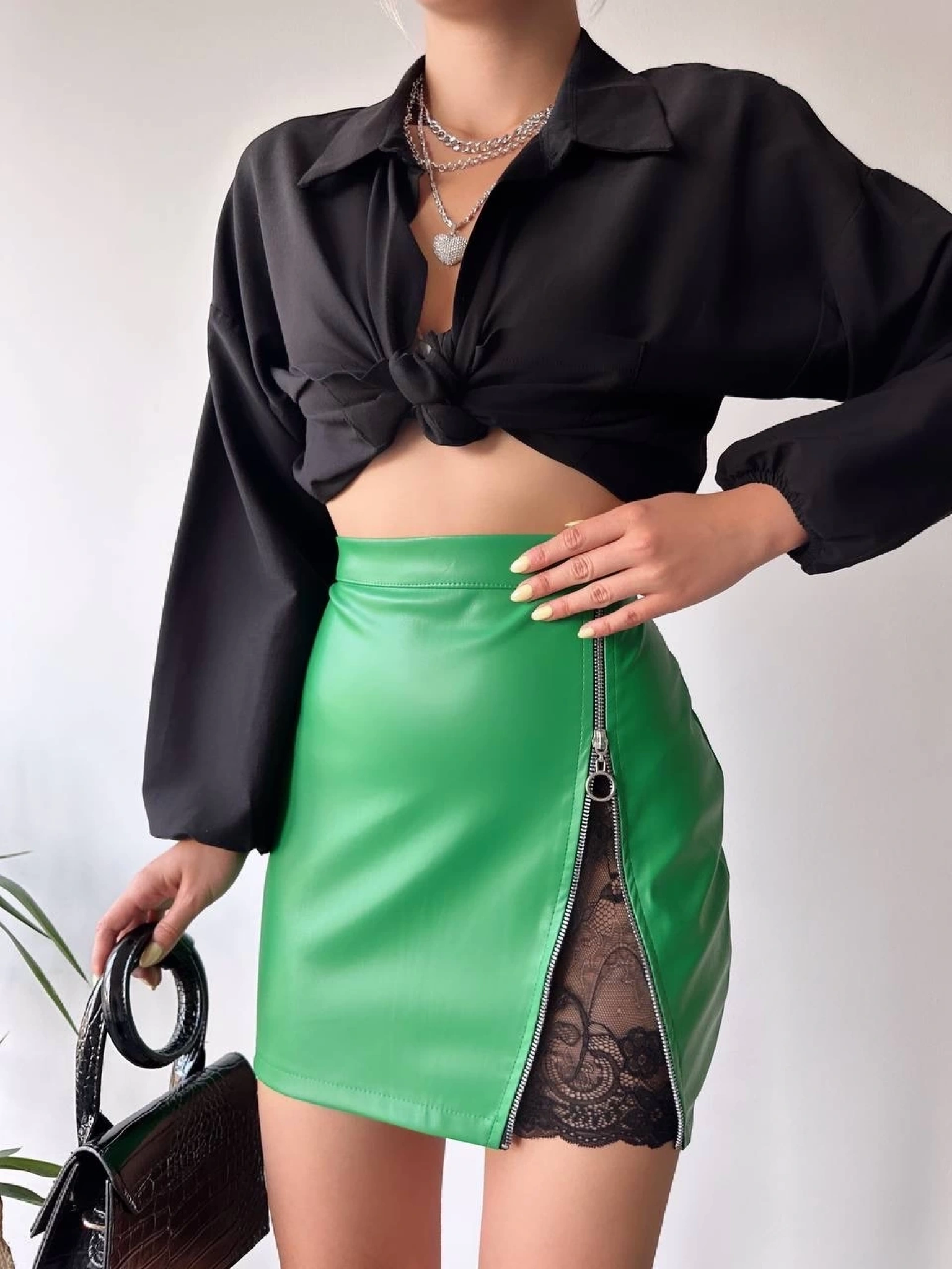 Dantelli fermuarlı deri etek yeşil w24598