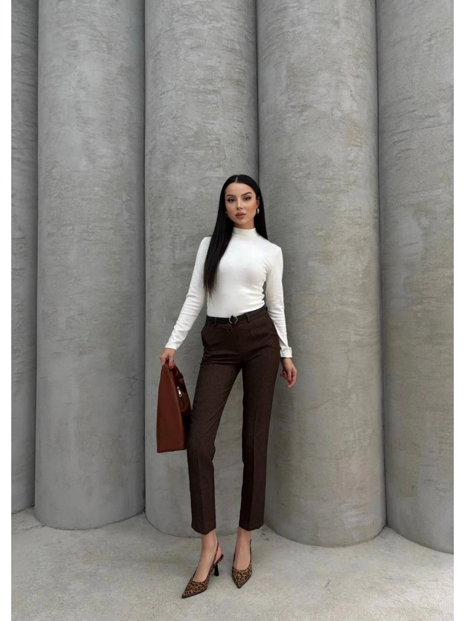 Dar paça kemerli kumaş pantolon kahve pt53