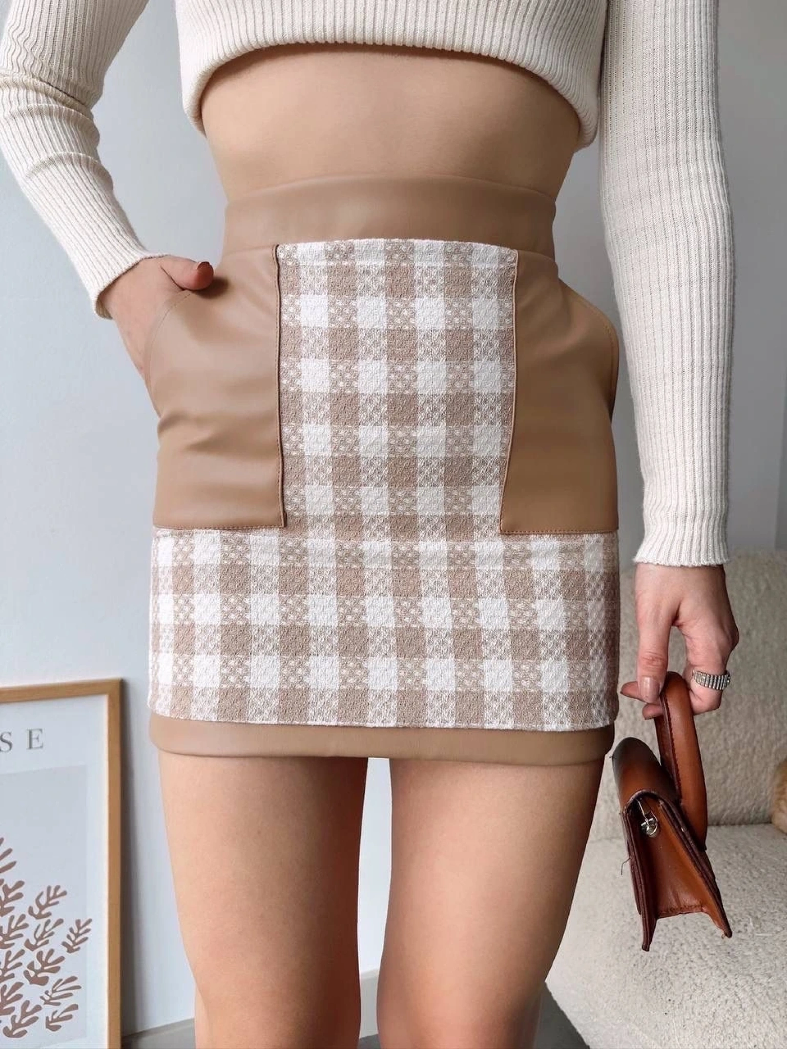 Deri cep garnili kaşe etek bej h24604