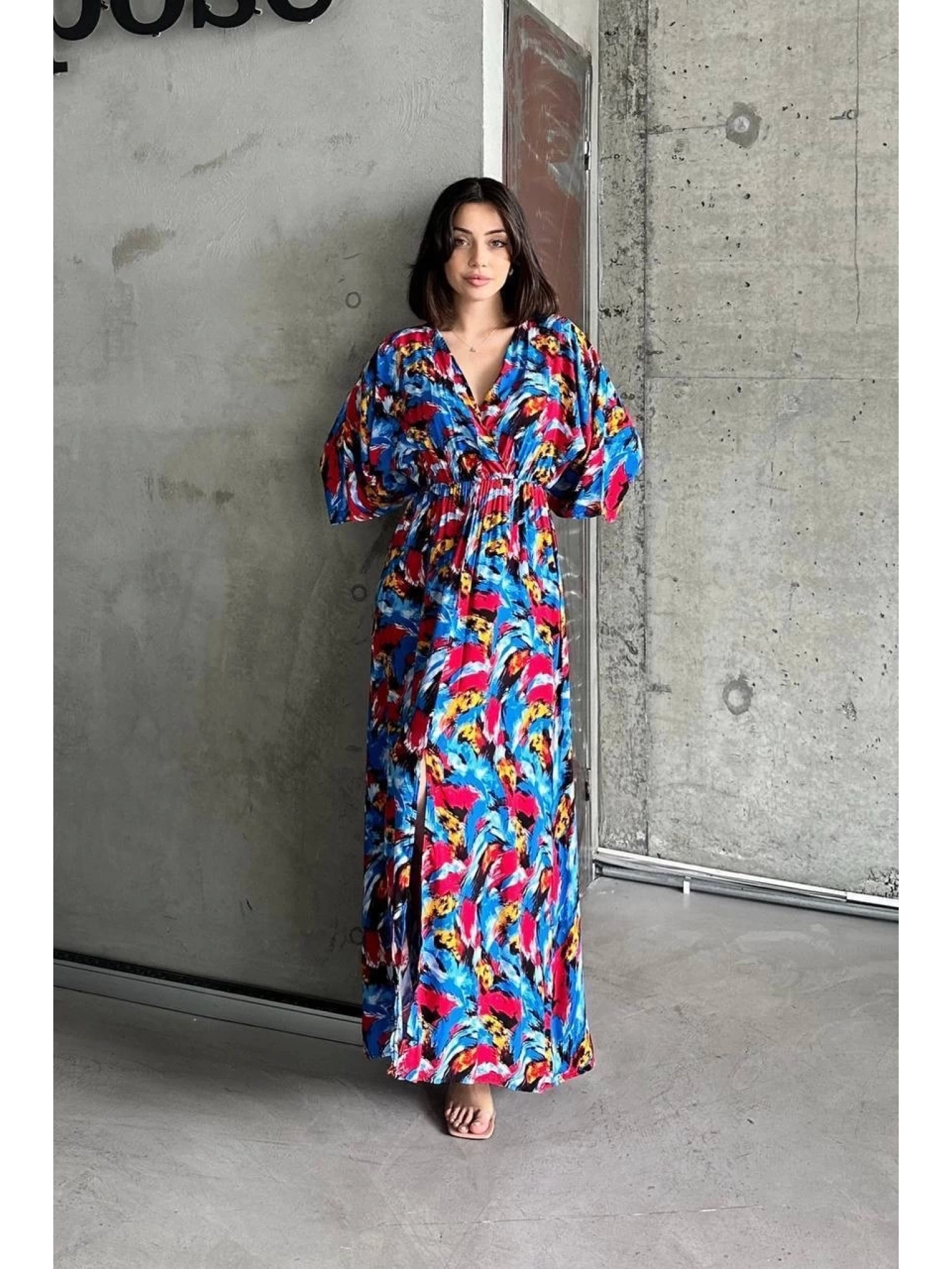 Dokuma baskılı yarasa kol elbise s8124