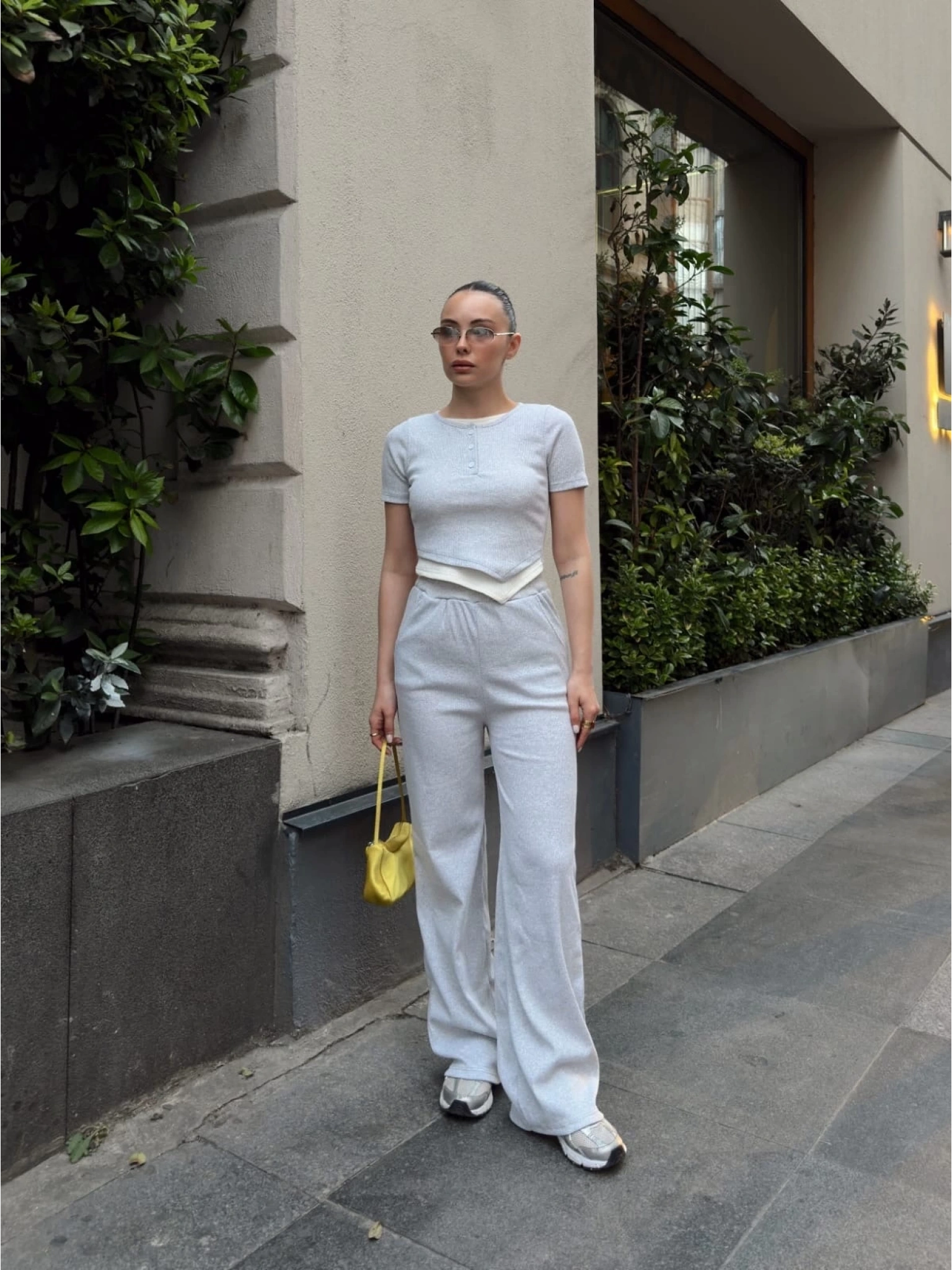 Düğme yakalı gri alt üst takım s3943