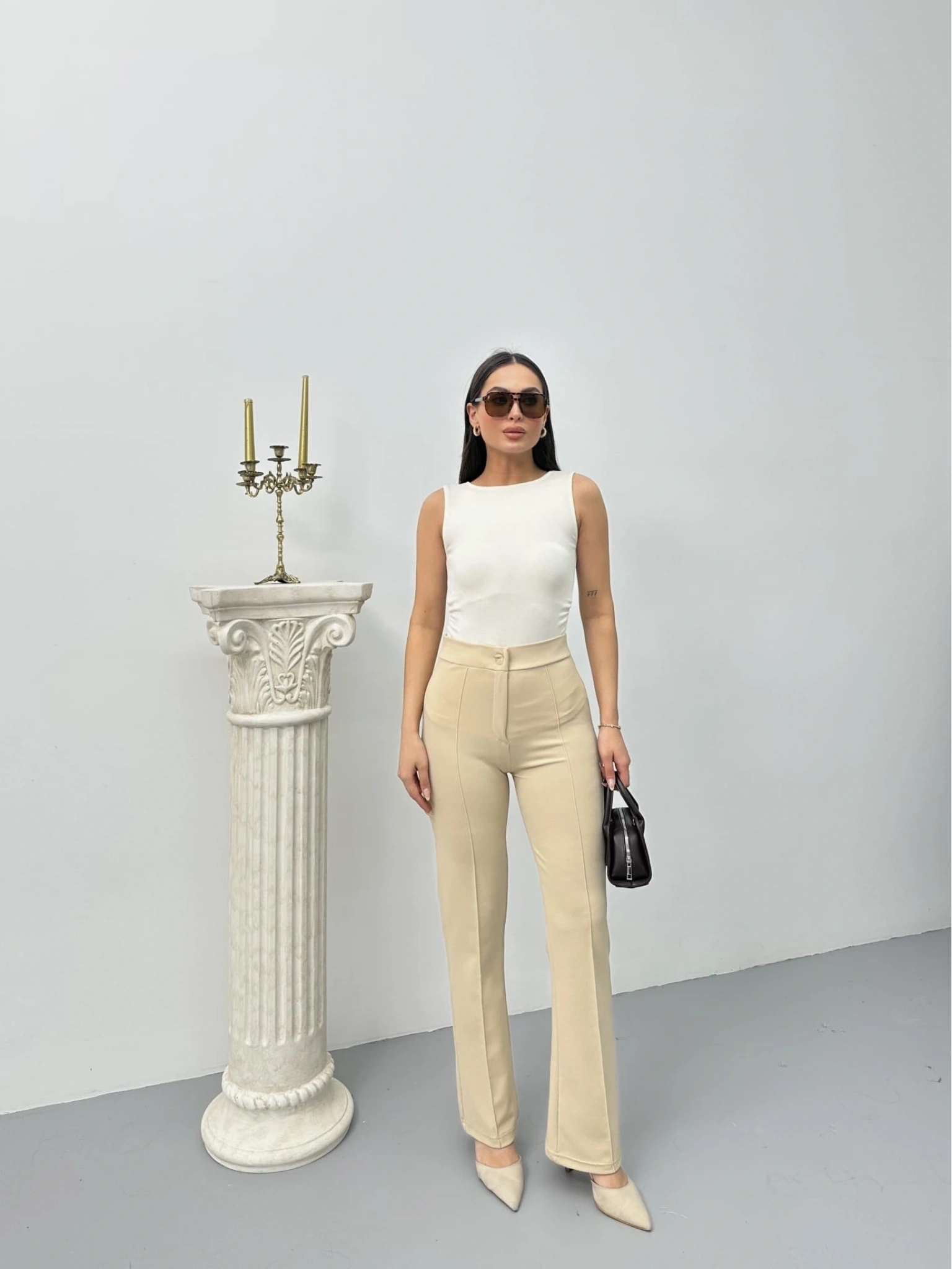 Düğmeli Palazzo pantolon bej p170091