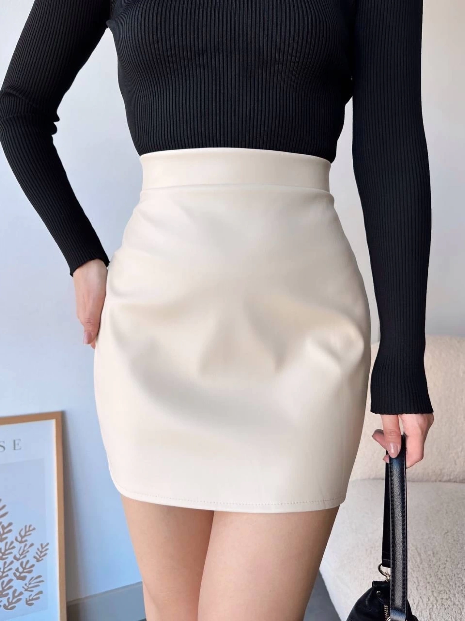 Düz deri etek bej h24468