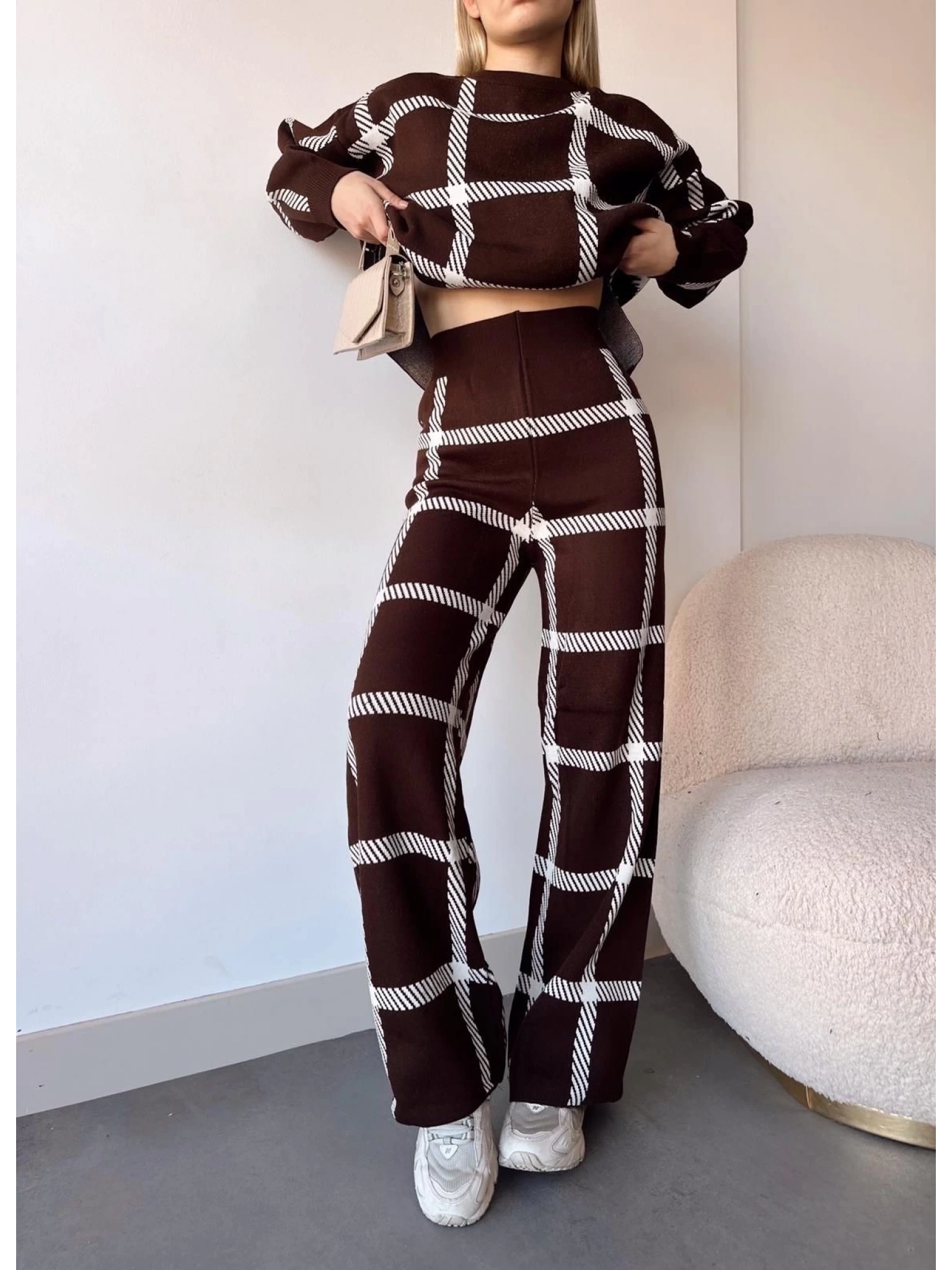 Ekoseli triko takım kahvebeyaz