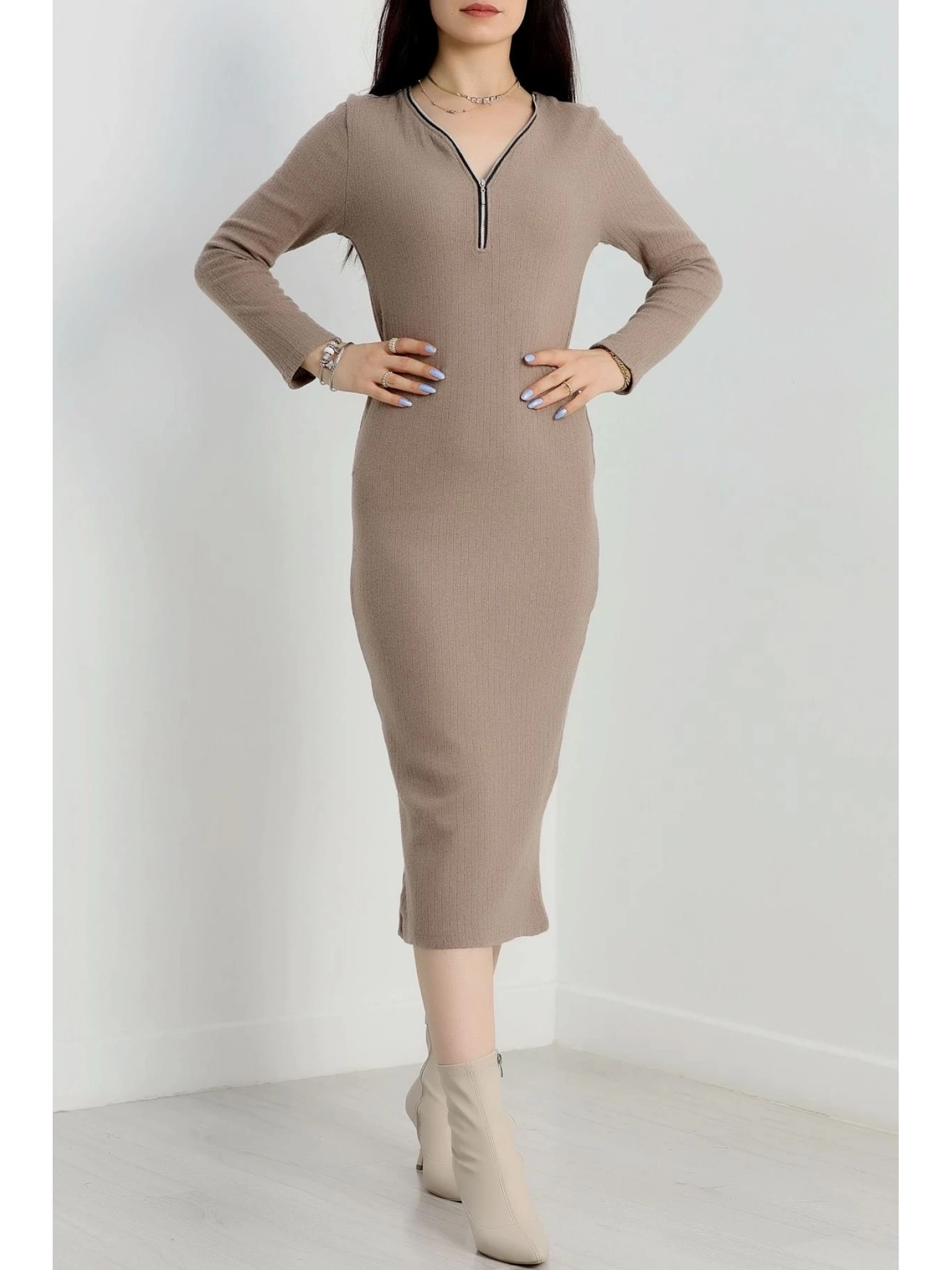 Fermuar detaylı fitilli şardonlu elbise bej a3178