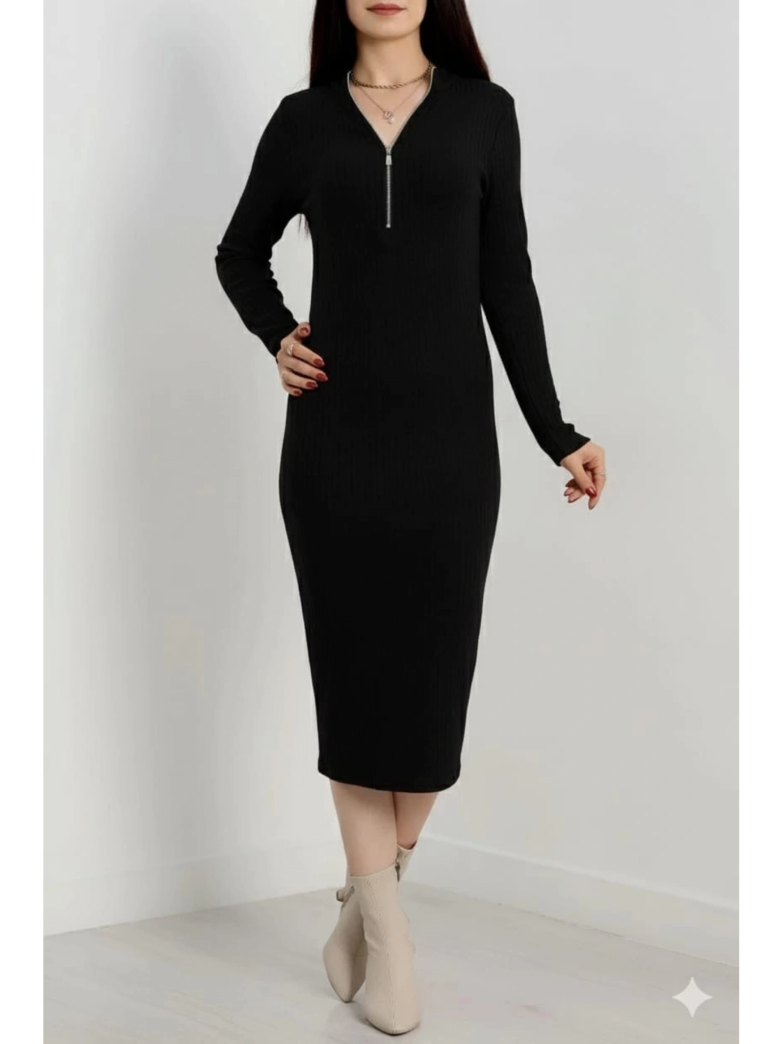 Fermuar detaylı fitilli şardonlu elbise siyah a3178