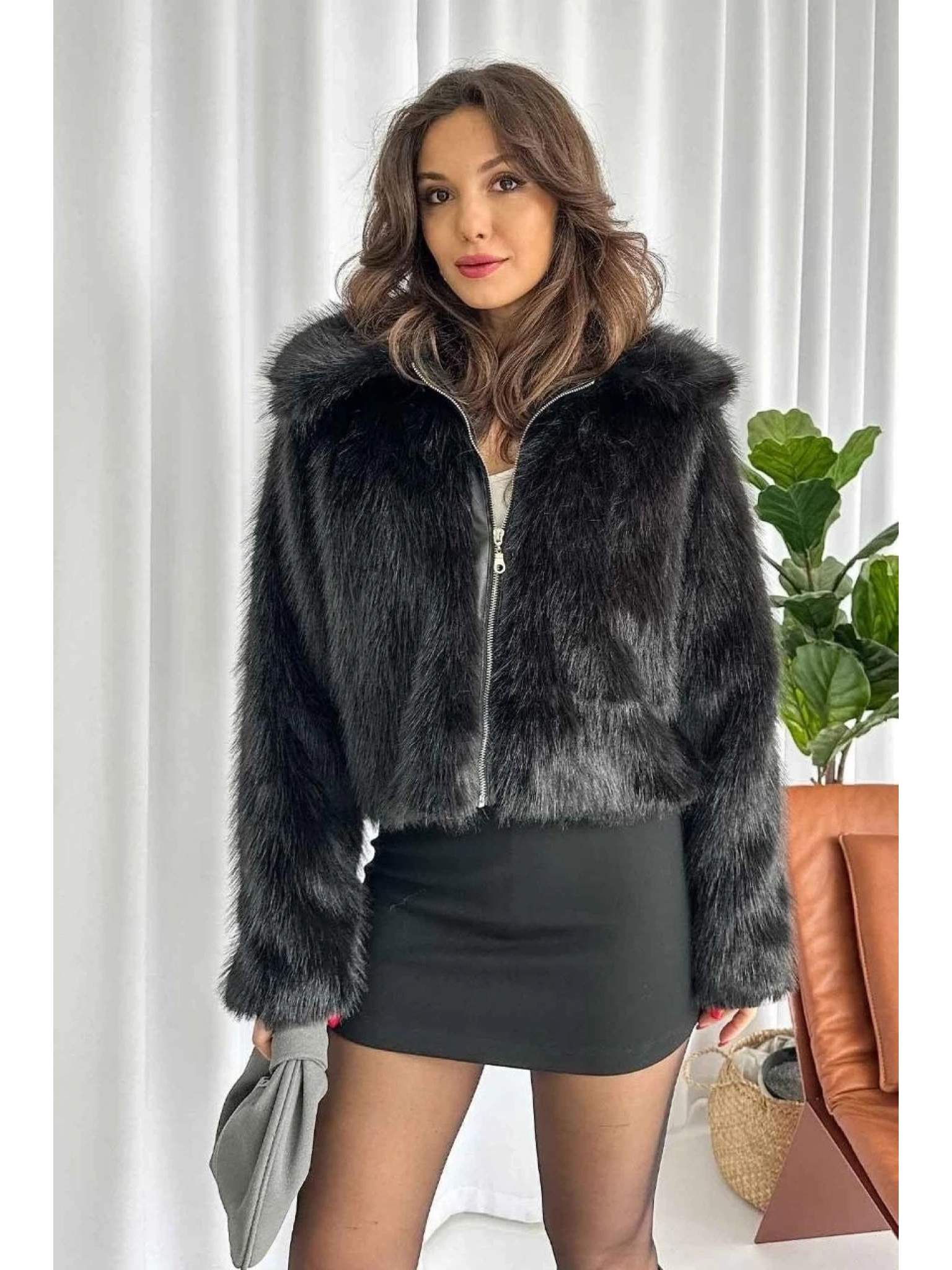 Fermuarlı kısa kürk siyah t7746