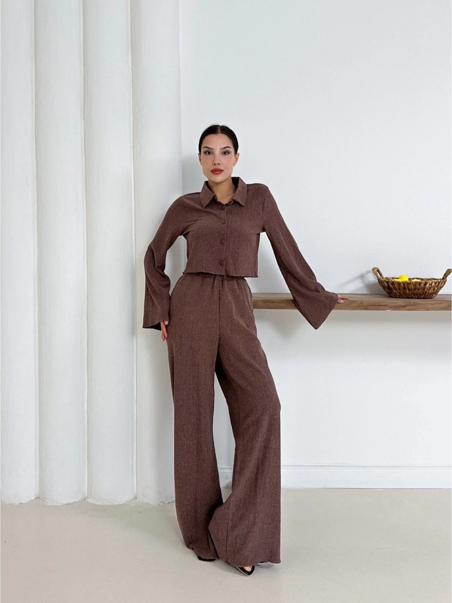 Gömlek yaka kaplama düğmeli takım kahve st265866