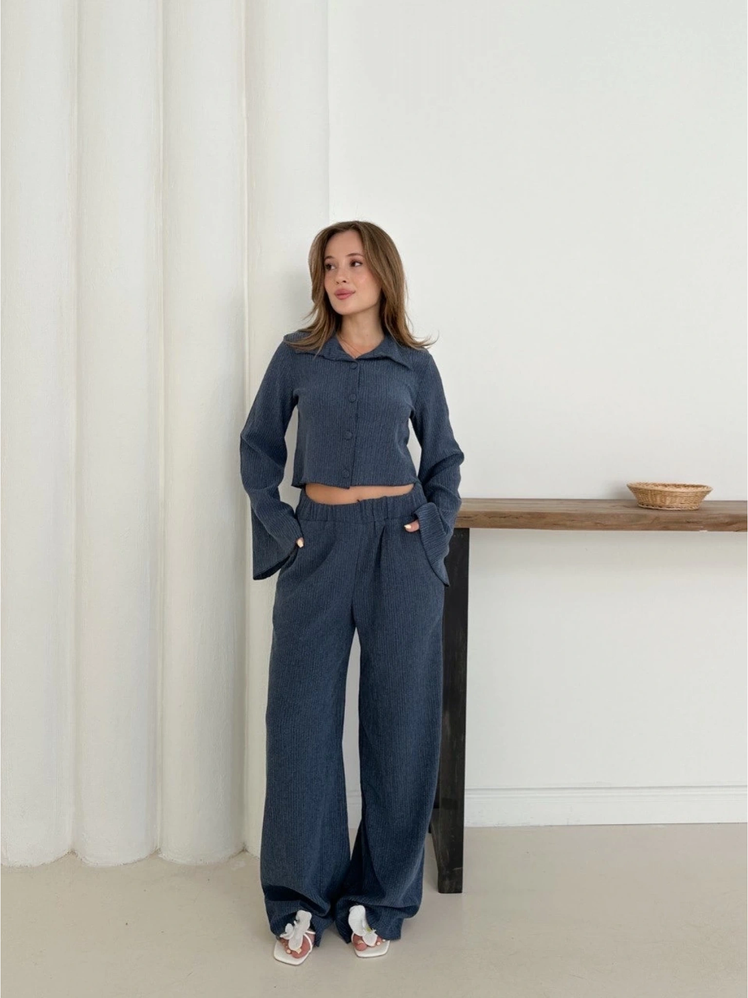 Gömlek yaka kaplama düğmeli takım lacivert st265866