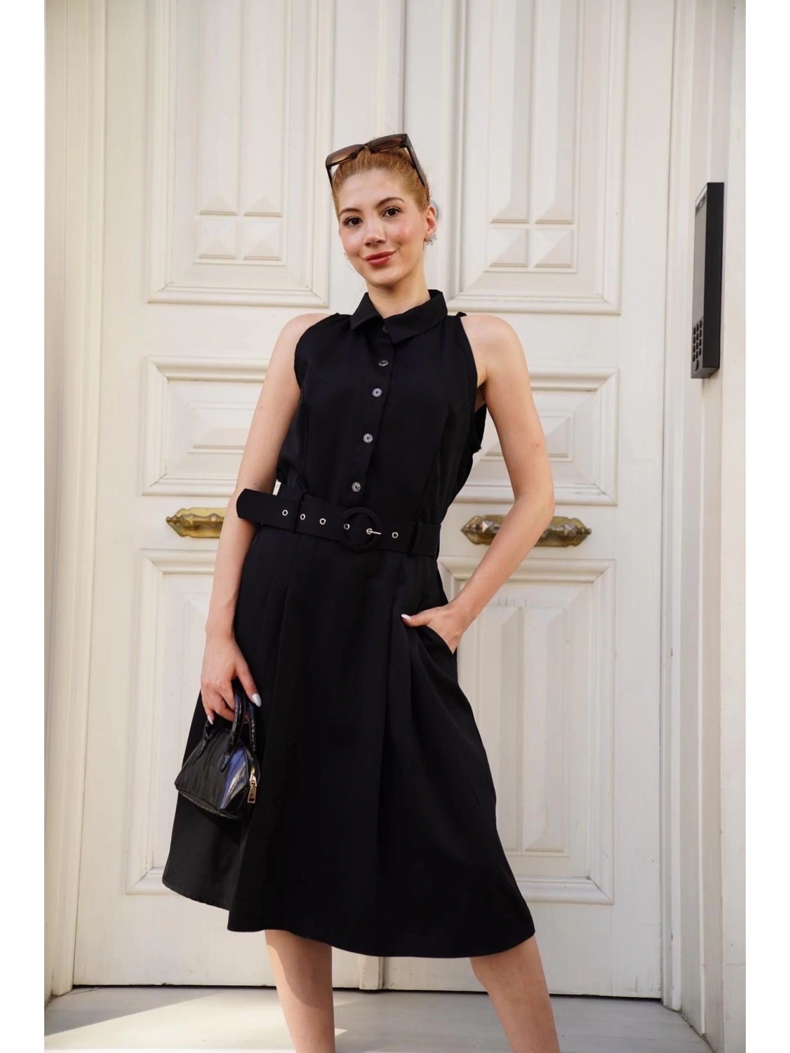 Gömlek yaka kemerli elbise siyah s255061