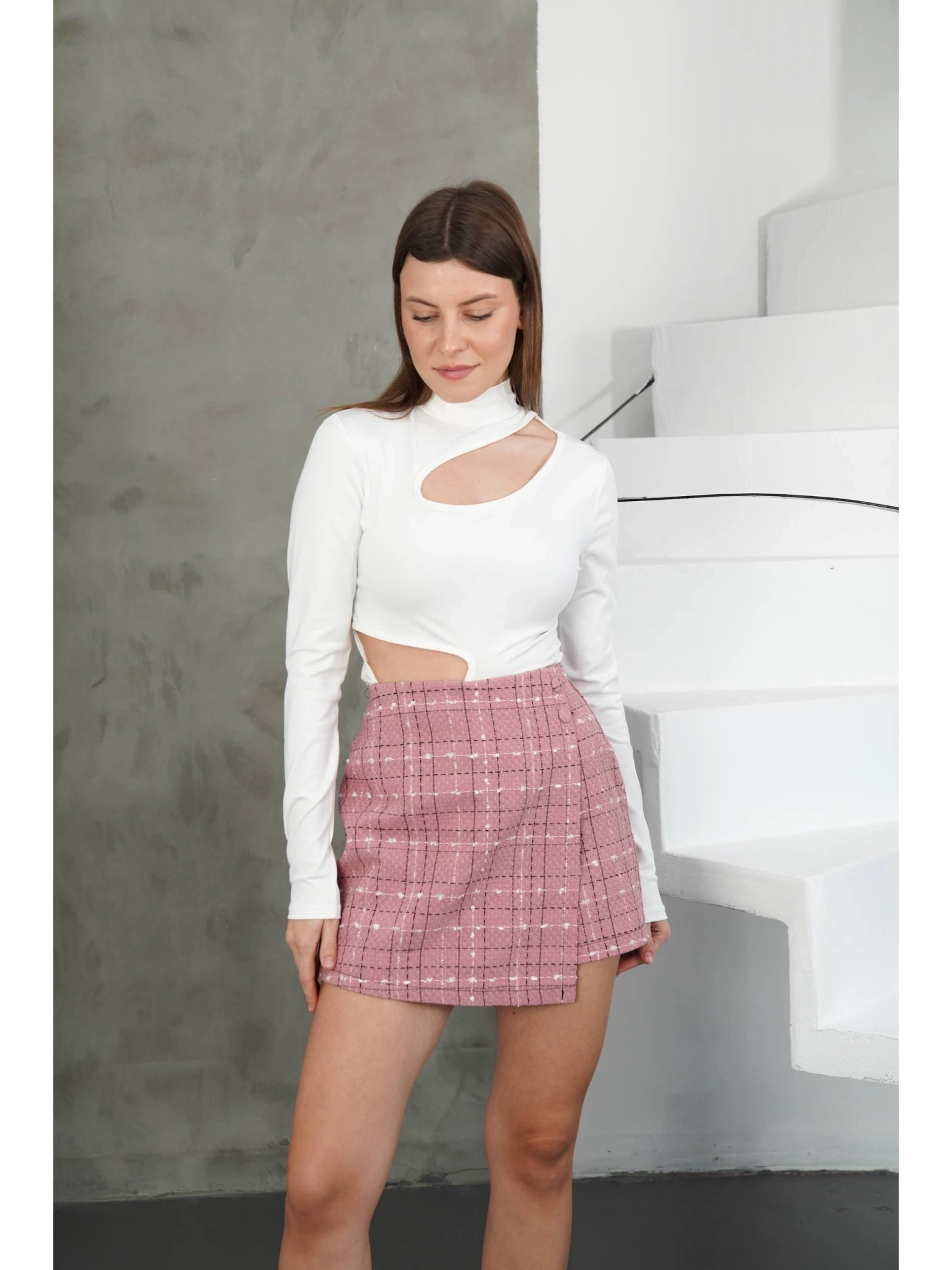 İki düğmeli şort etek pembe h26414