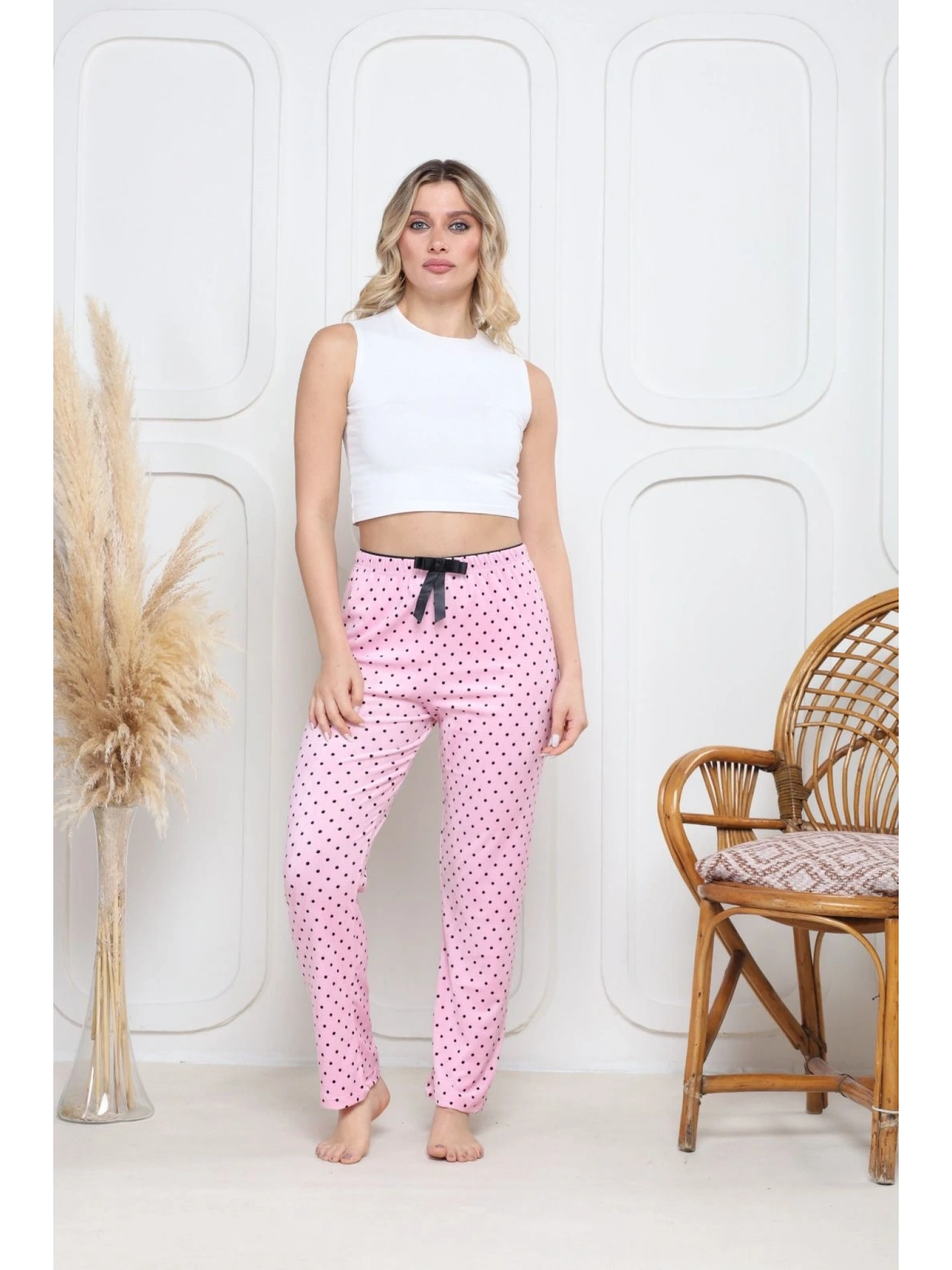 Kadife pijama altı pembe üzerine siyah pontiye desenli q7013