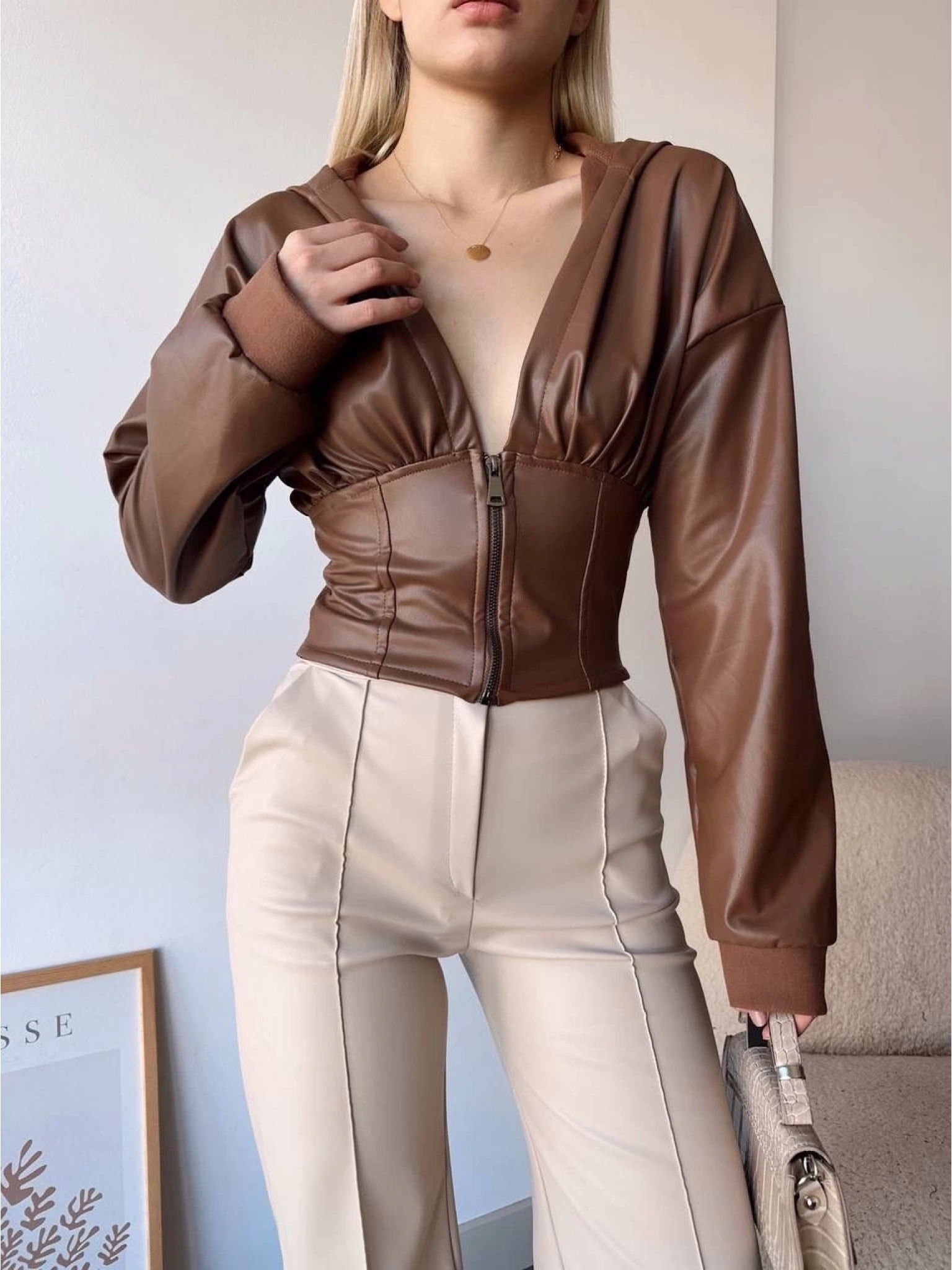 Kapşonlu yarım fermuarlı ceket kahve h24116