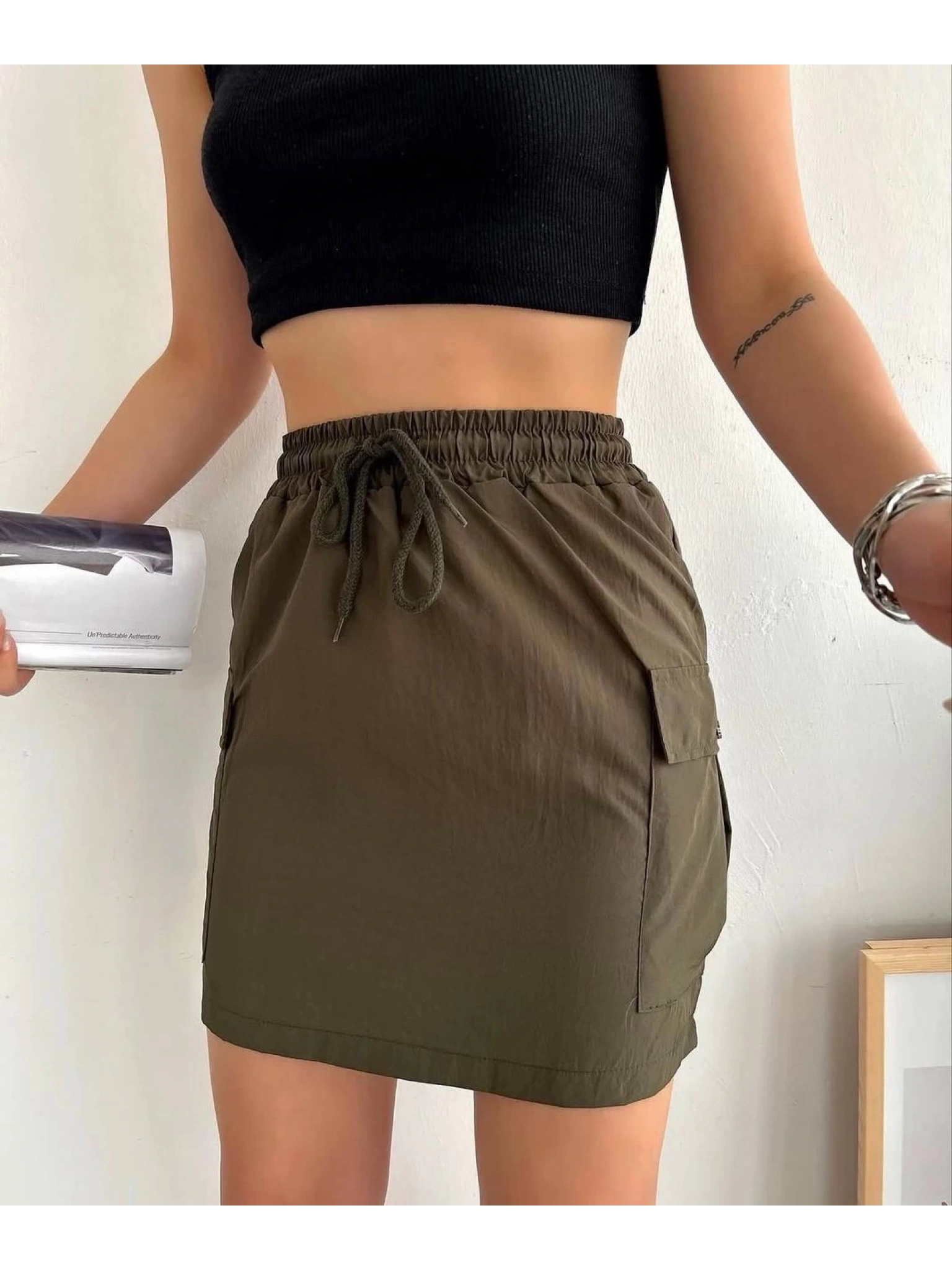 Kargo cep ince paraşüt etek haki s241019