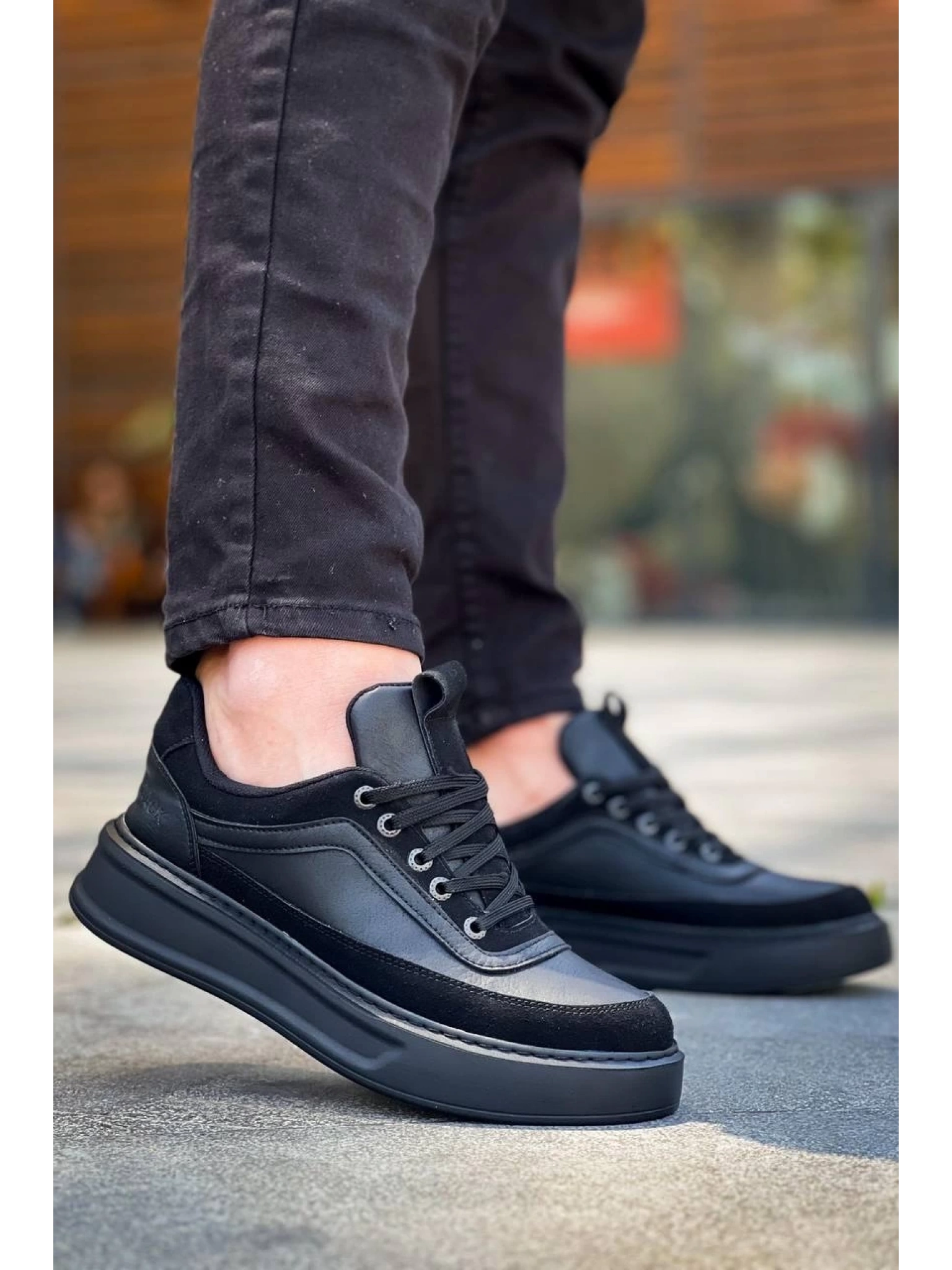 KB-006 Kuback Siyah Cilt Siyah Yüksek Taban Bağcıklı Günlük Erkek Ayakkabı