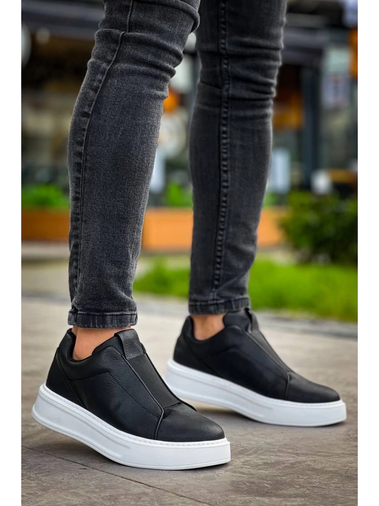 KB-007  Kuback Siyah Beyaz Yüksek Taban Tek Bant Bağcıksız Günlük Erkek Ayakkabı