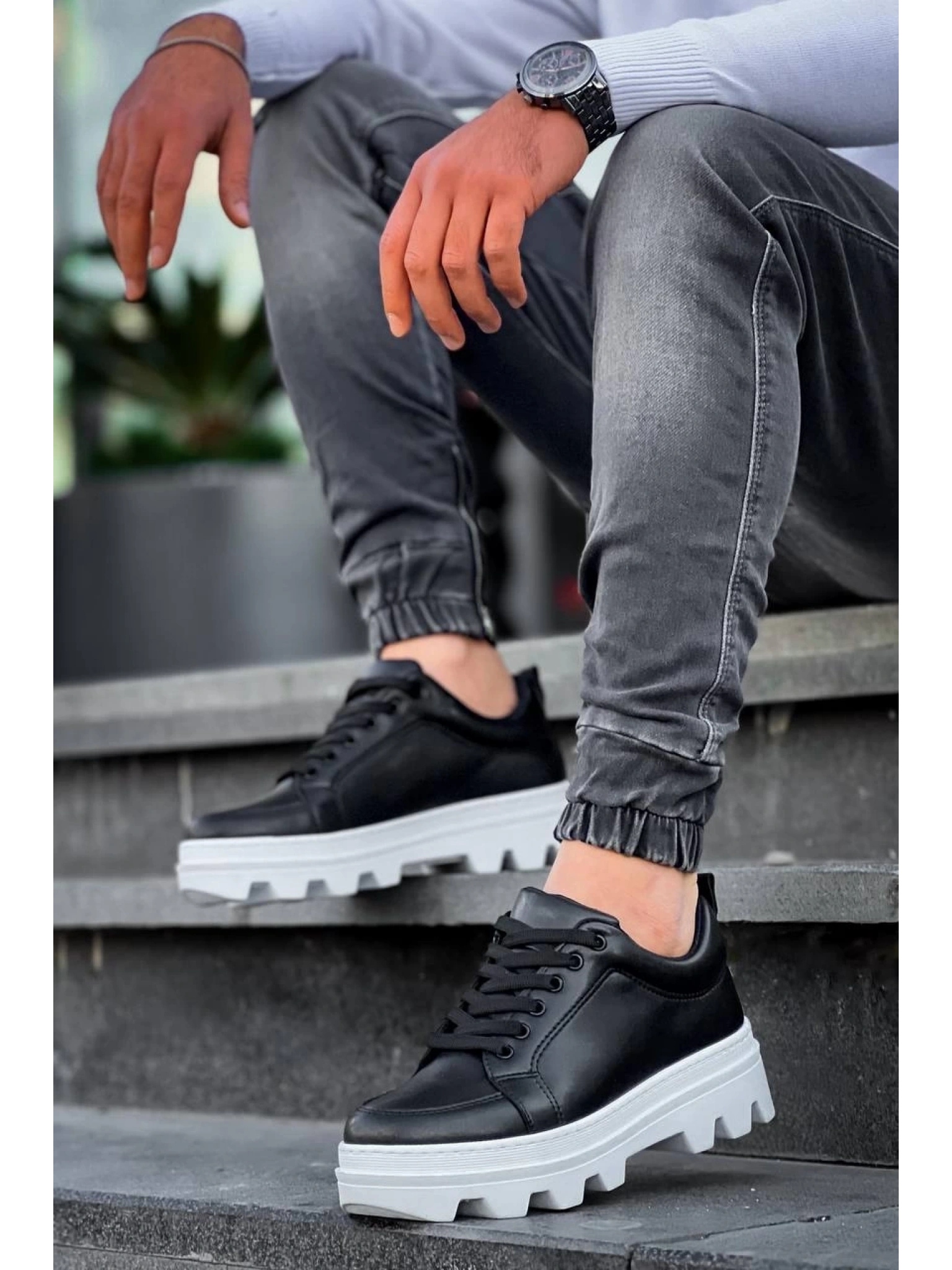 KB-056 Kuback Siyah Cilt Beyaz Yüksek Taban Günlük Spor Ayakkabı