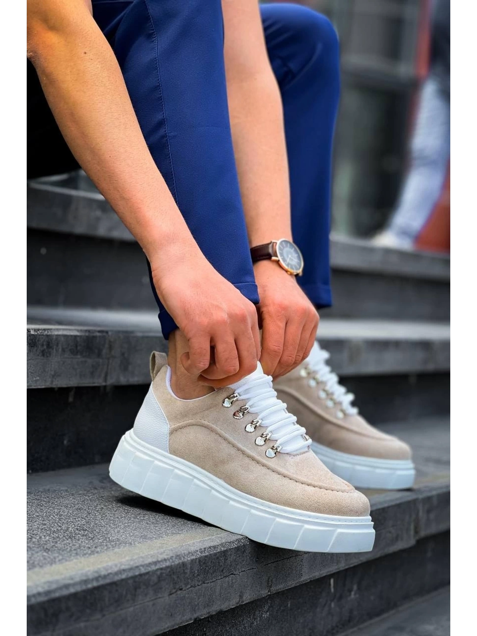 KB-X10 Kuback Bej Süet Beyaz Yüksek Taban Günlük Spor Ayakkabı