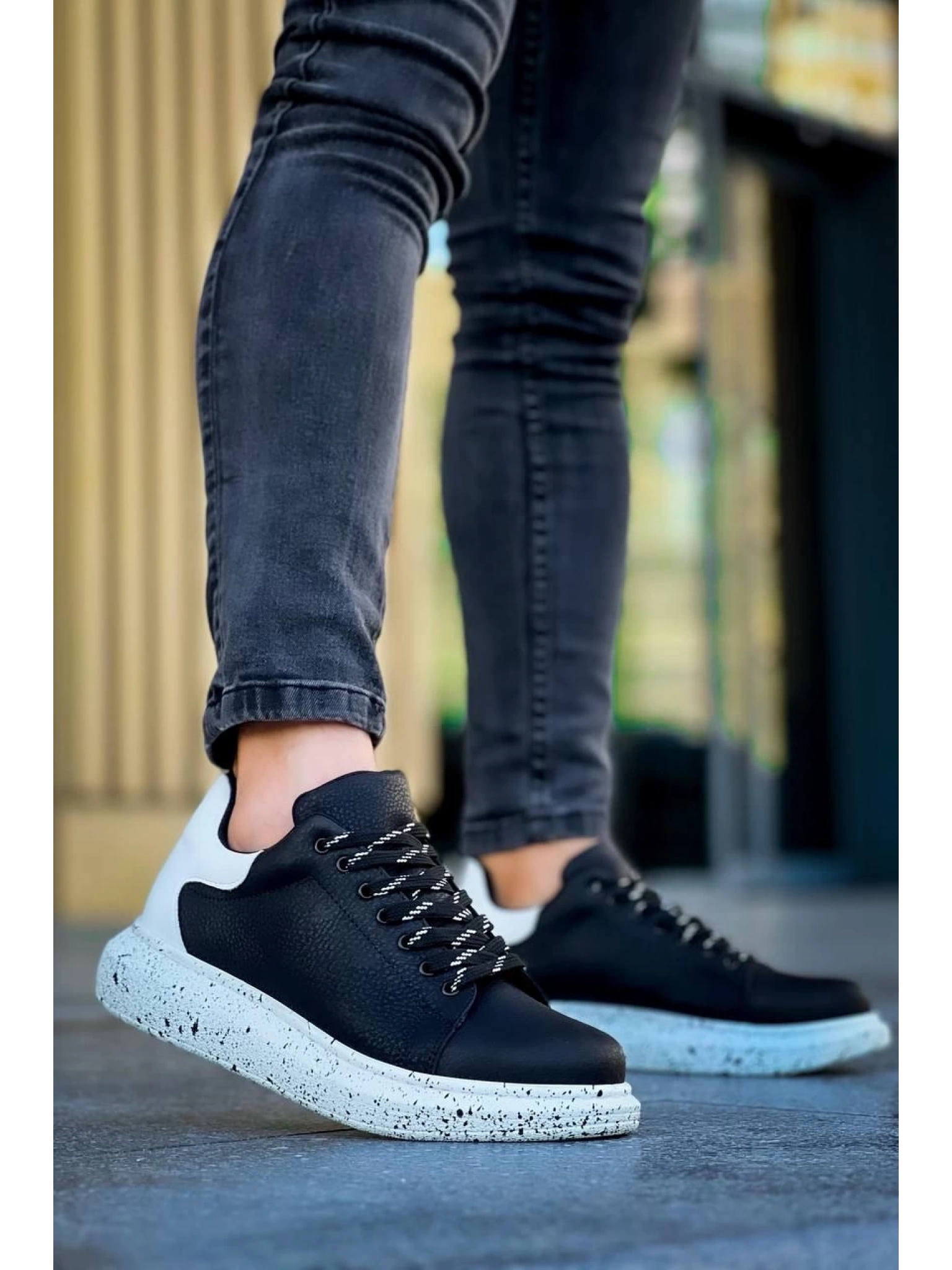 KB-X500  Kuback Siyah Beyaz Yüksek Taban Bağcıklı Günlük Erkek Ayakkabı