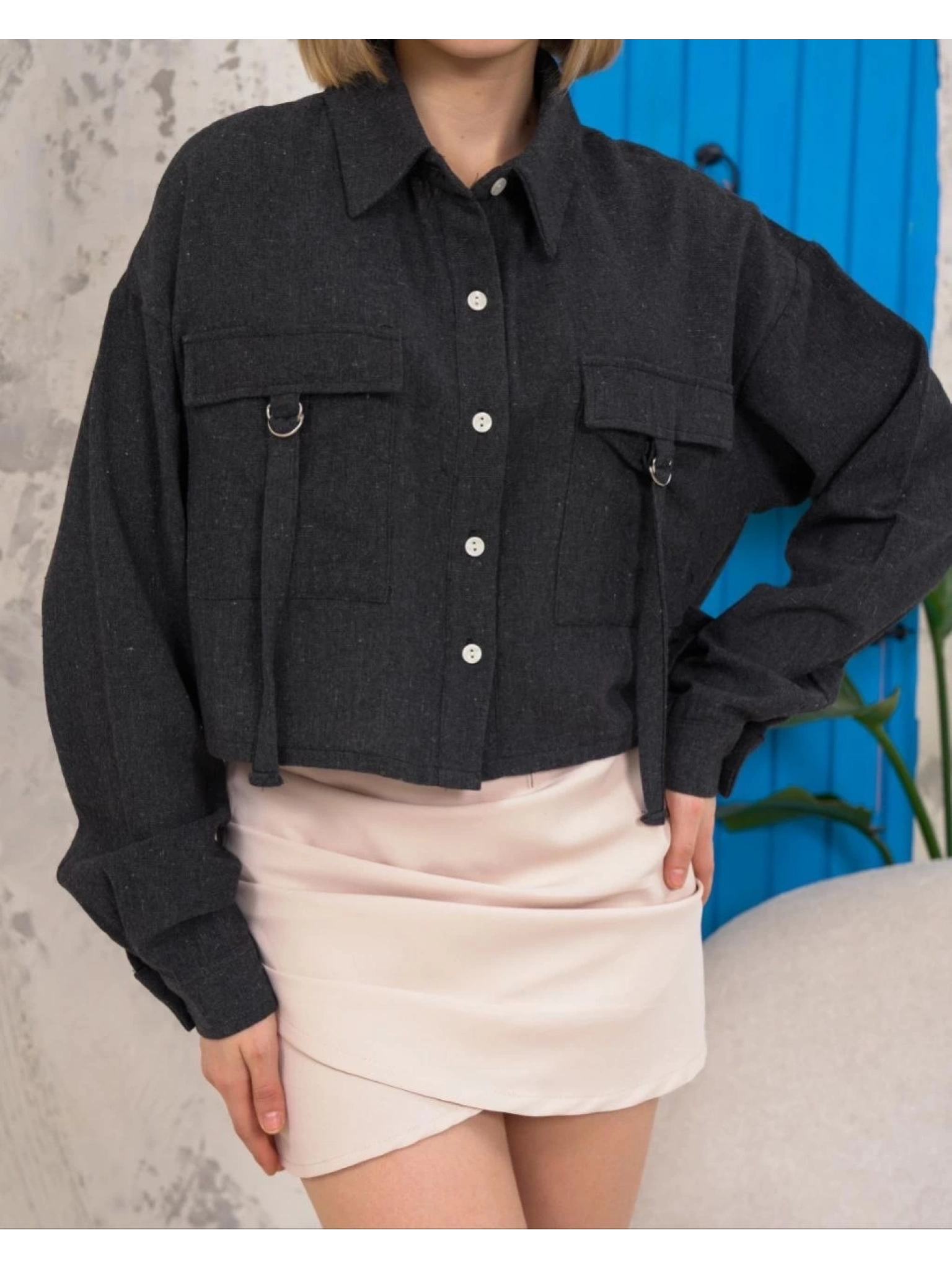 Kemer cepli keten crop gömlek siyah s255350