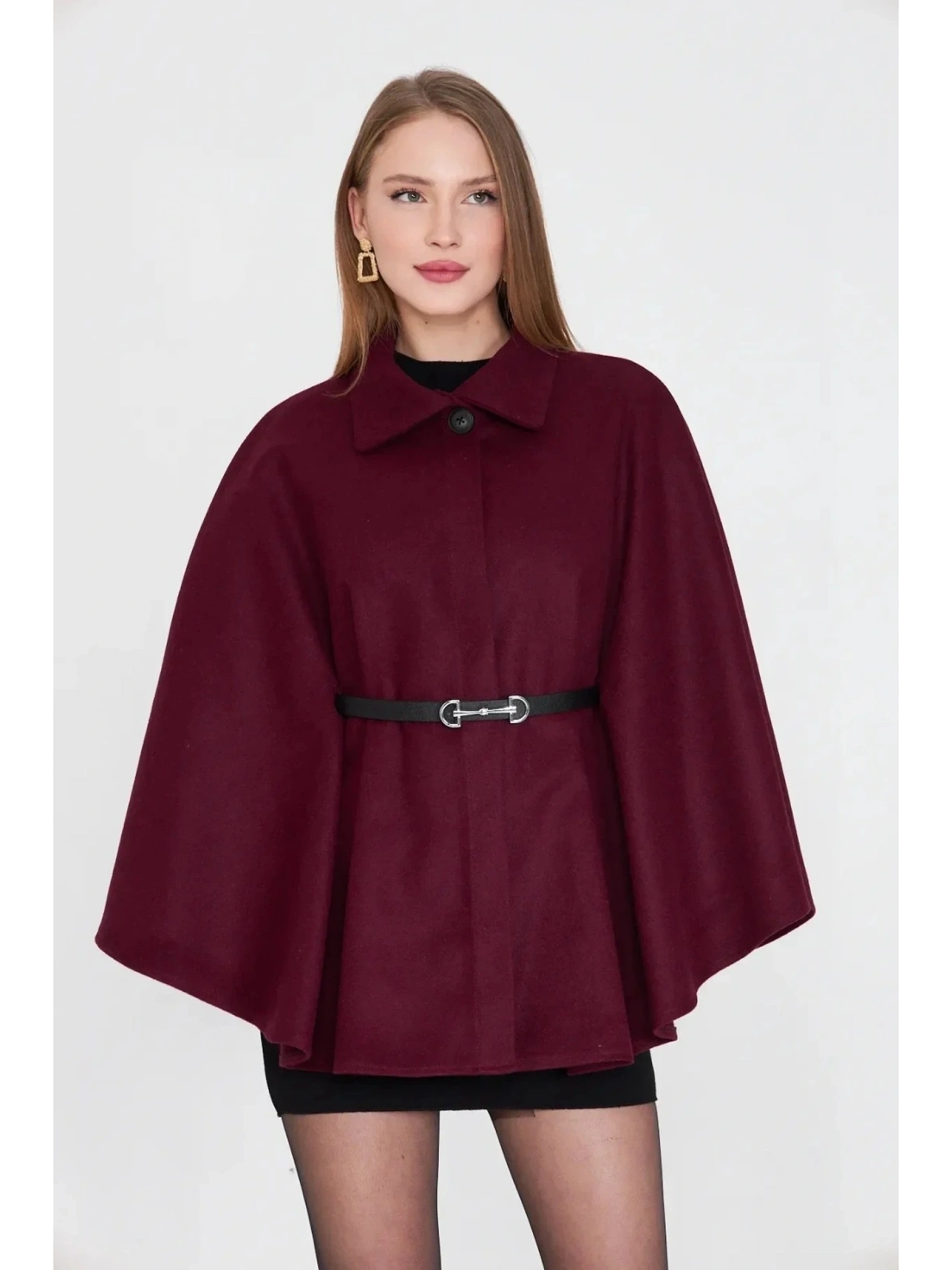 Kemerli kaşe panço bordo pt