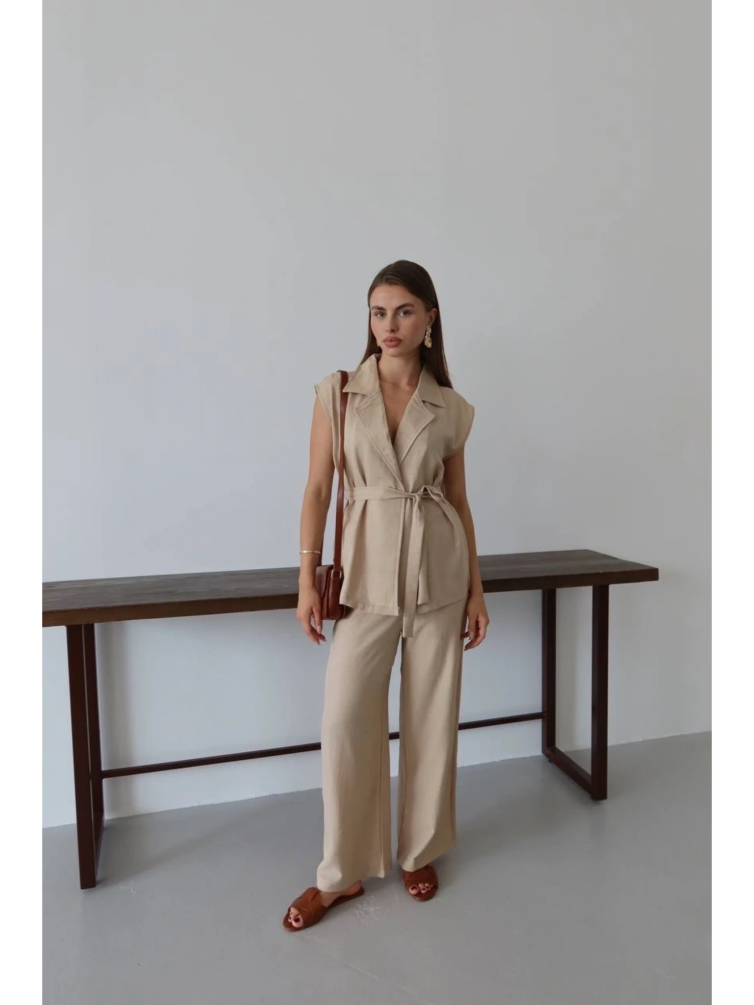 Keten yelek pantolon takım bej pt