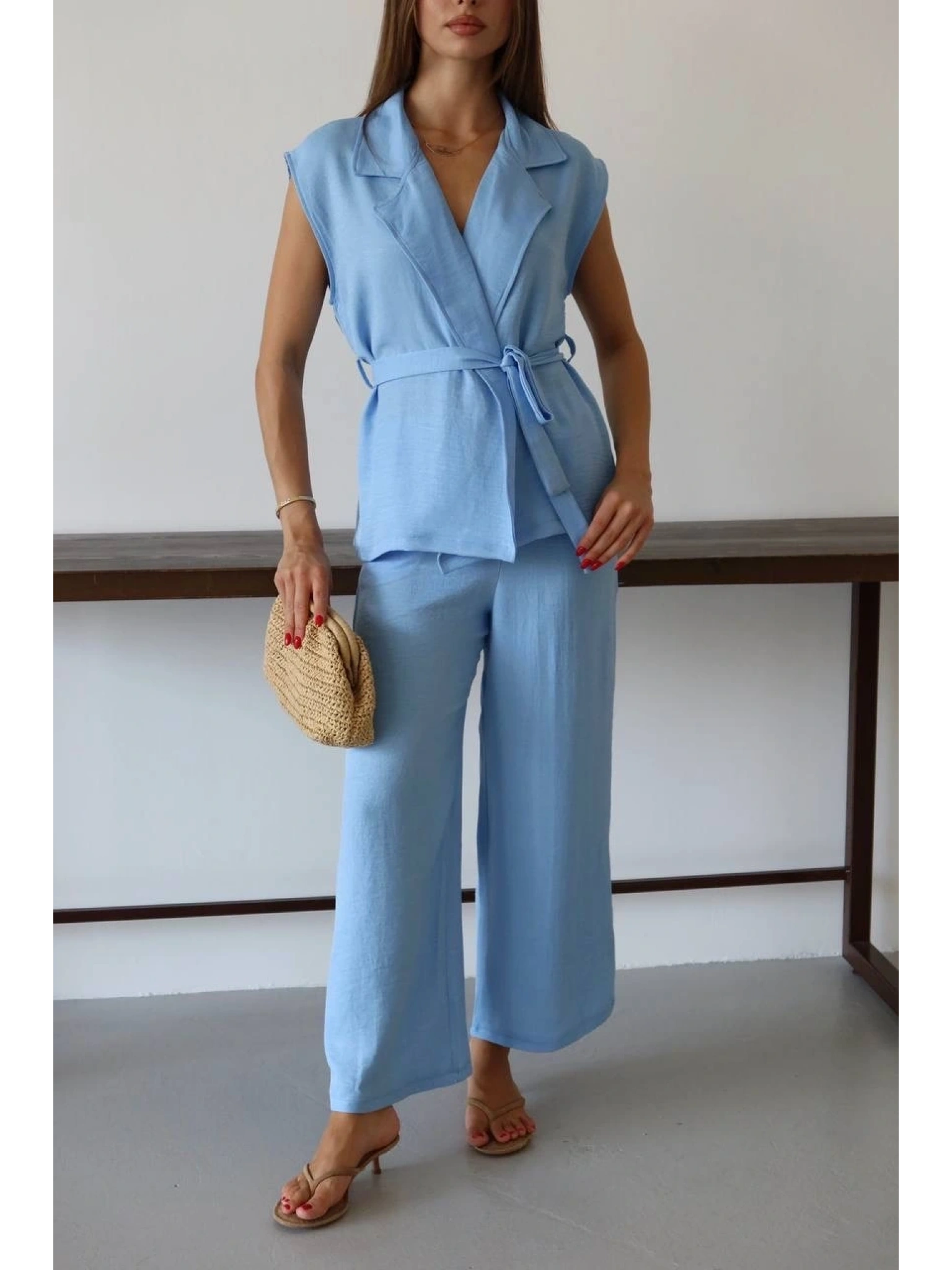 Keten yelek pantolon takım mavi pt