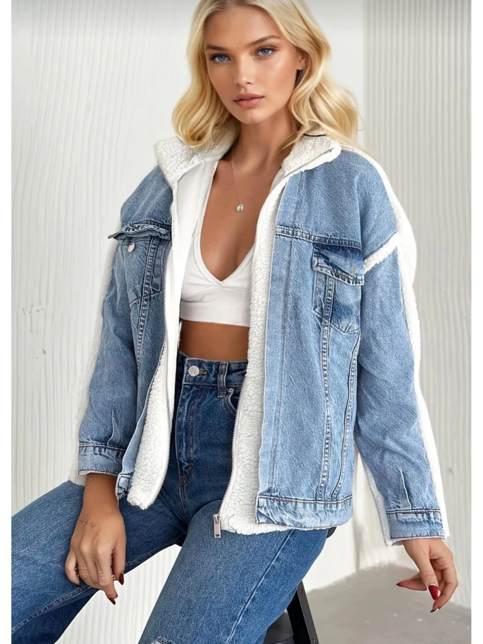 Kürklü kot ceket mavi t7009