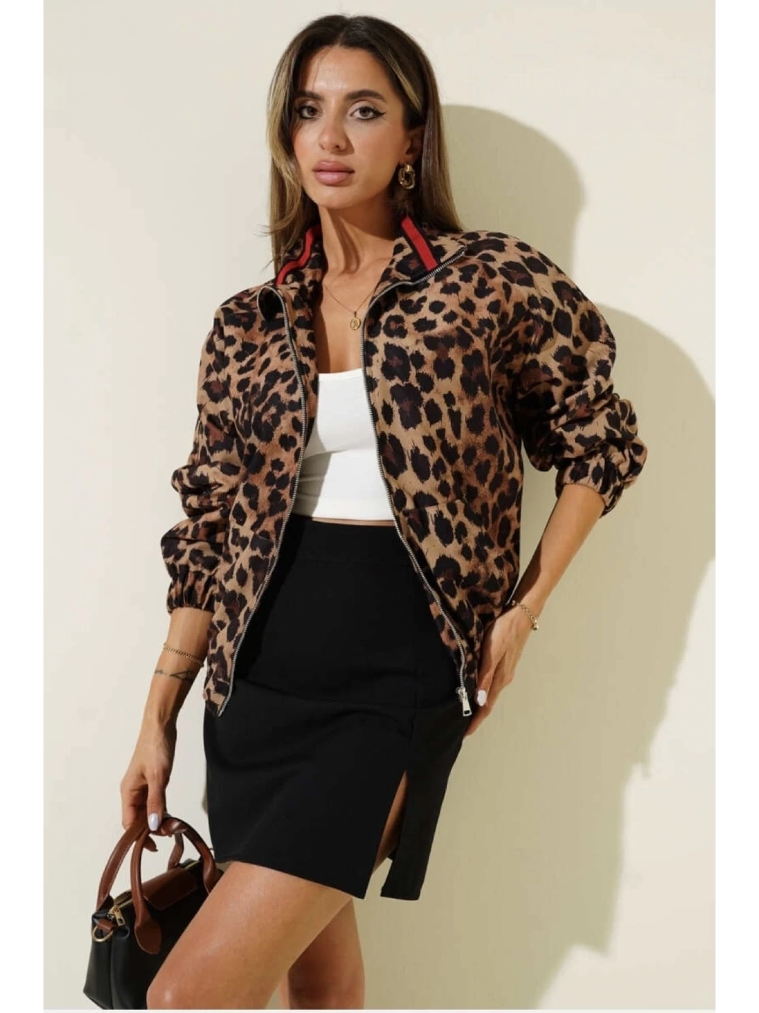 Leopar desenli astarlı ceket siyah t1192