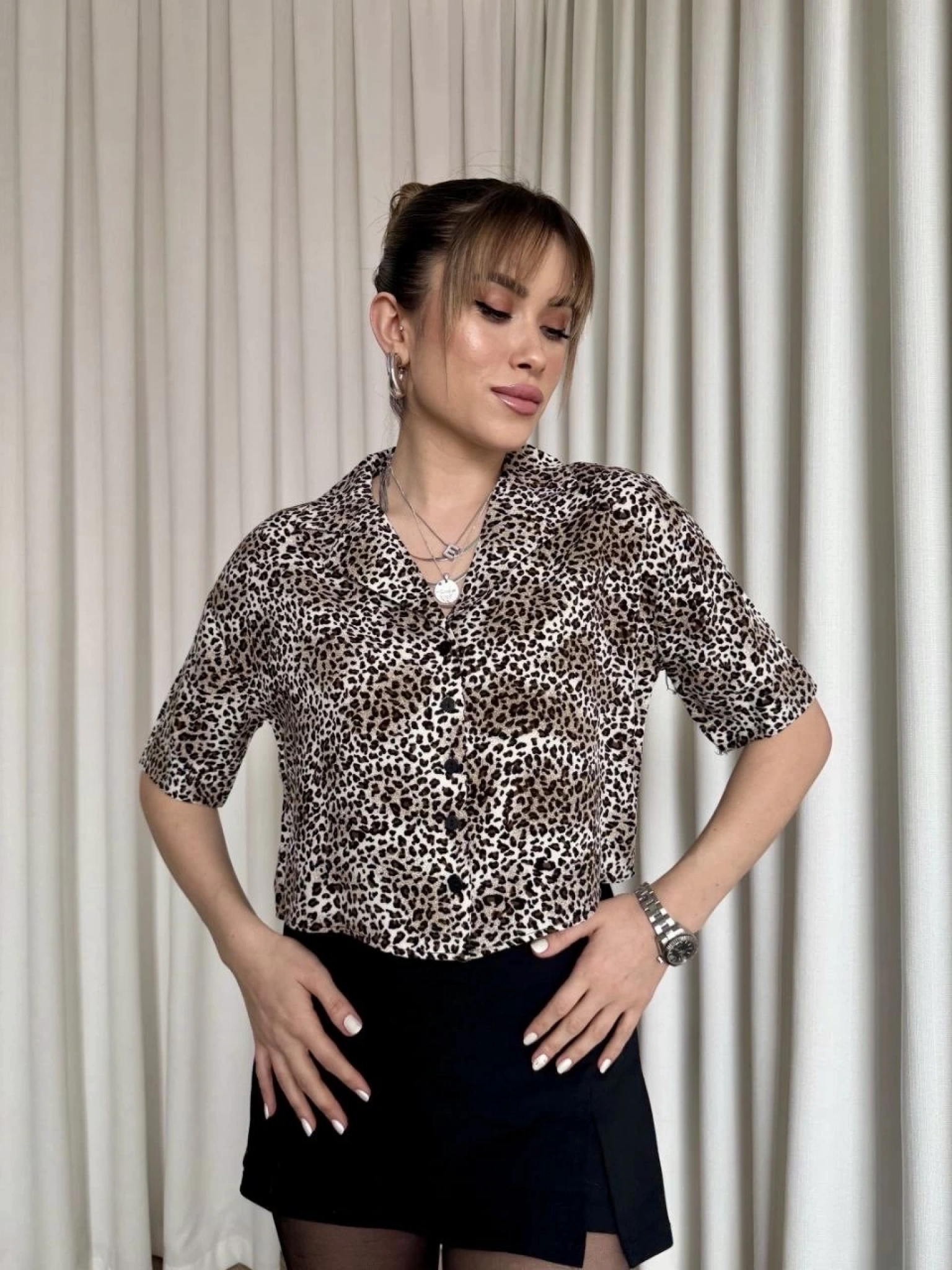 Leopar desenli crop gömlek