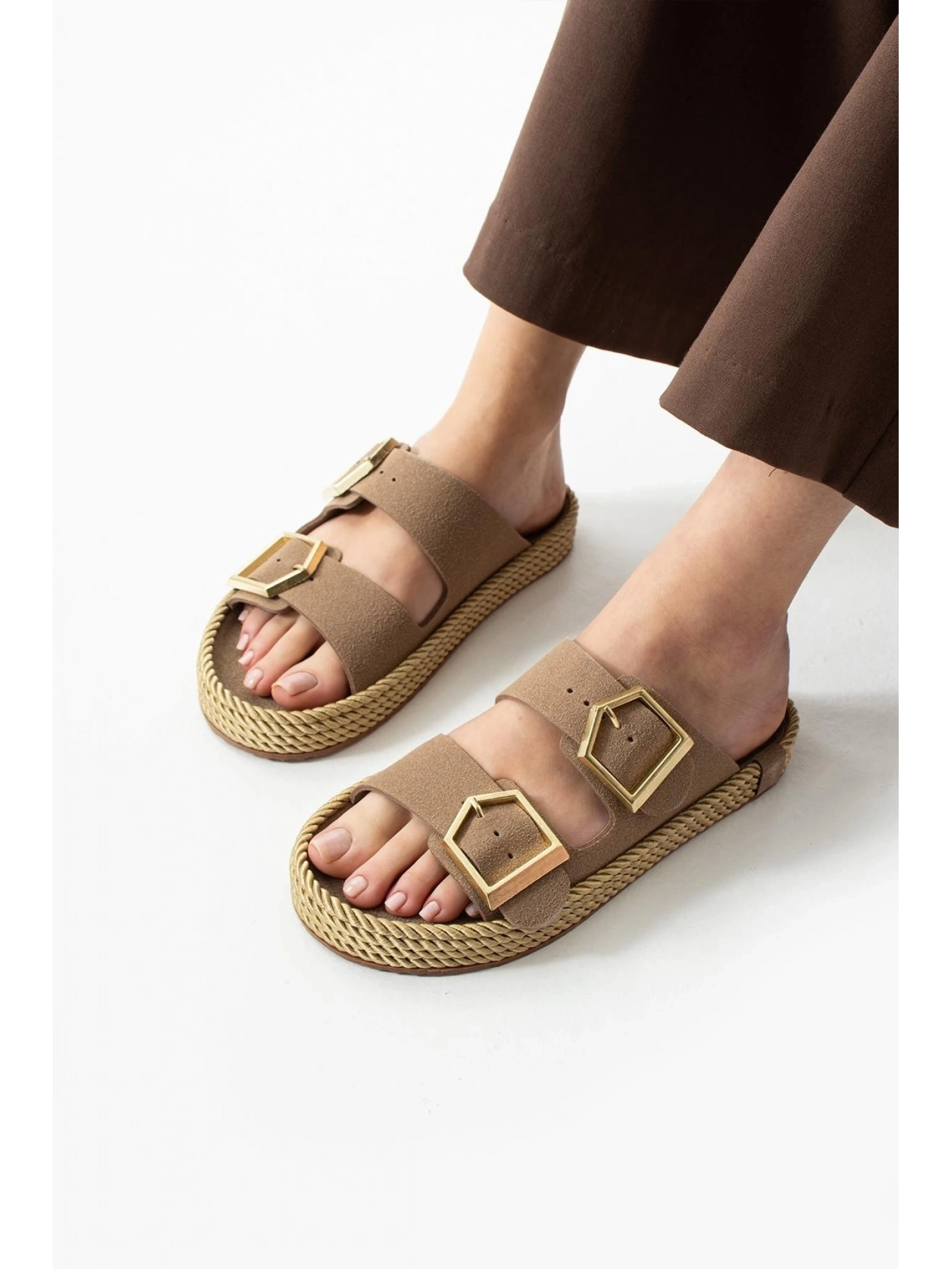 Loera Vizon Nubuk Çift Tokalı Terlik