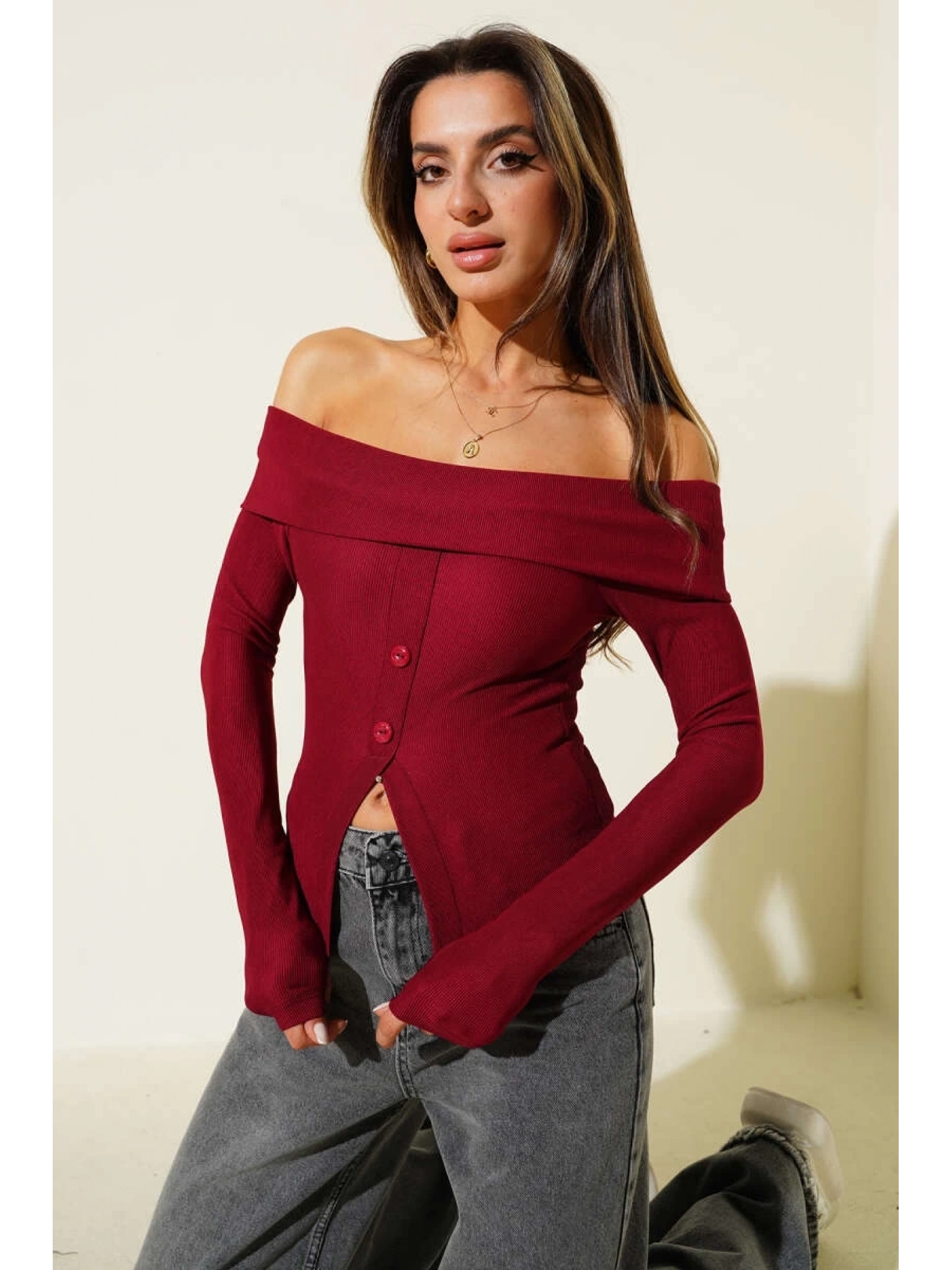 Madonna Yaka Düğmeli Bluz bordo t4329