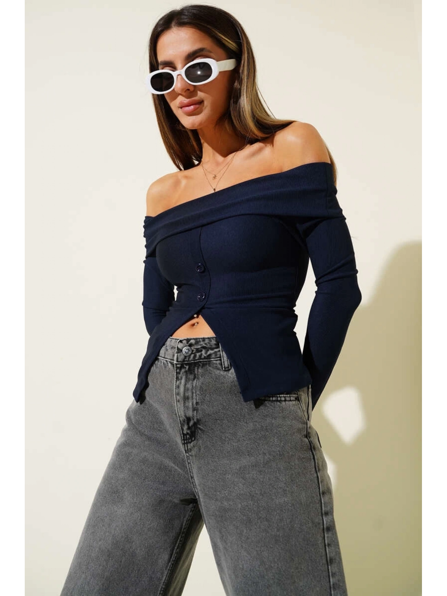 Madonna Yaka Düğmeli Bluz Lacivert t4329