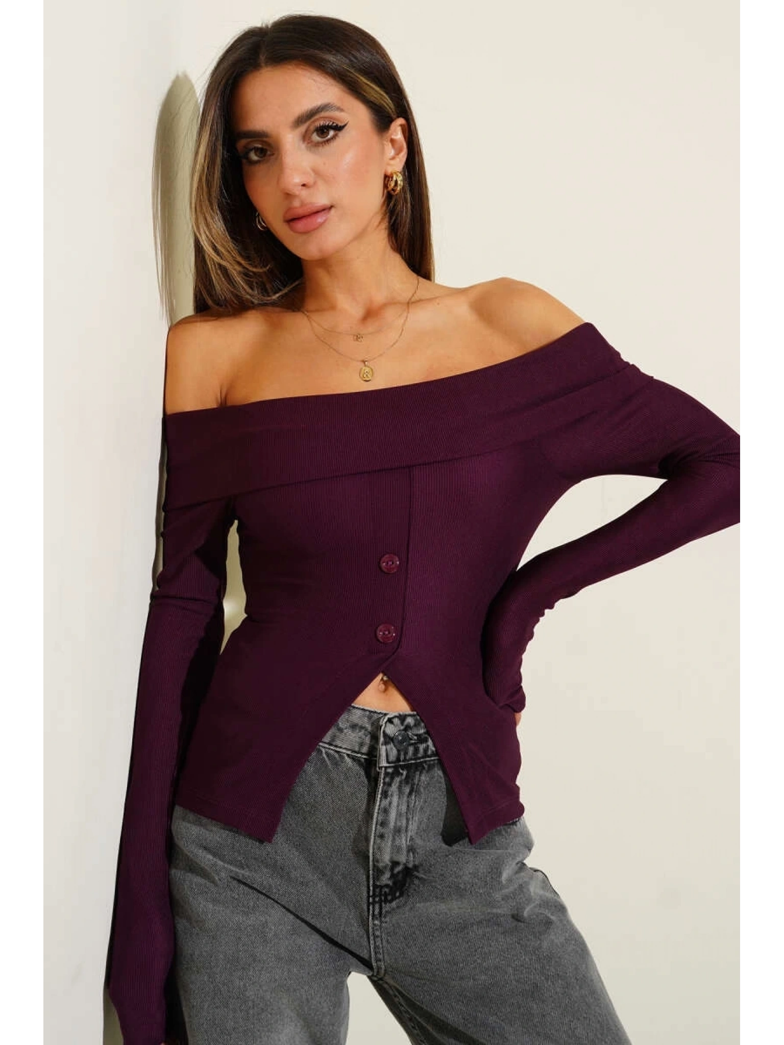 Madonna Yaka Düğmeli Bluz Mürdüm t4329