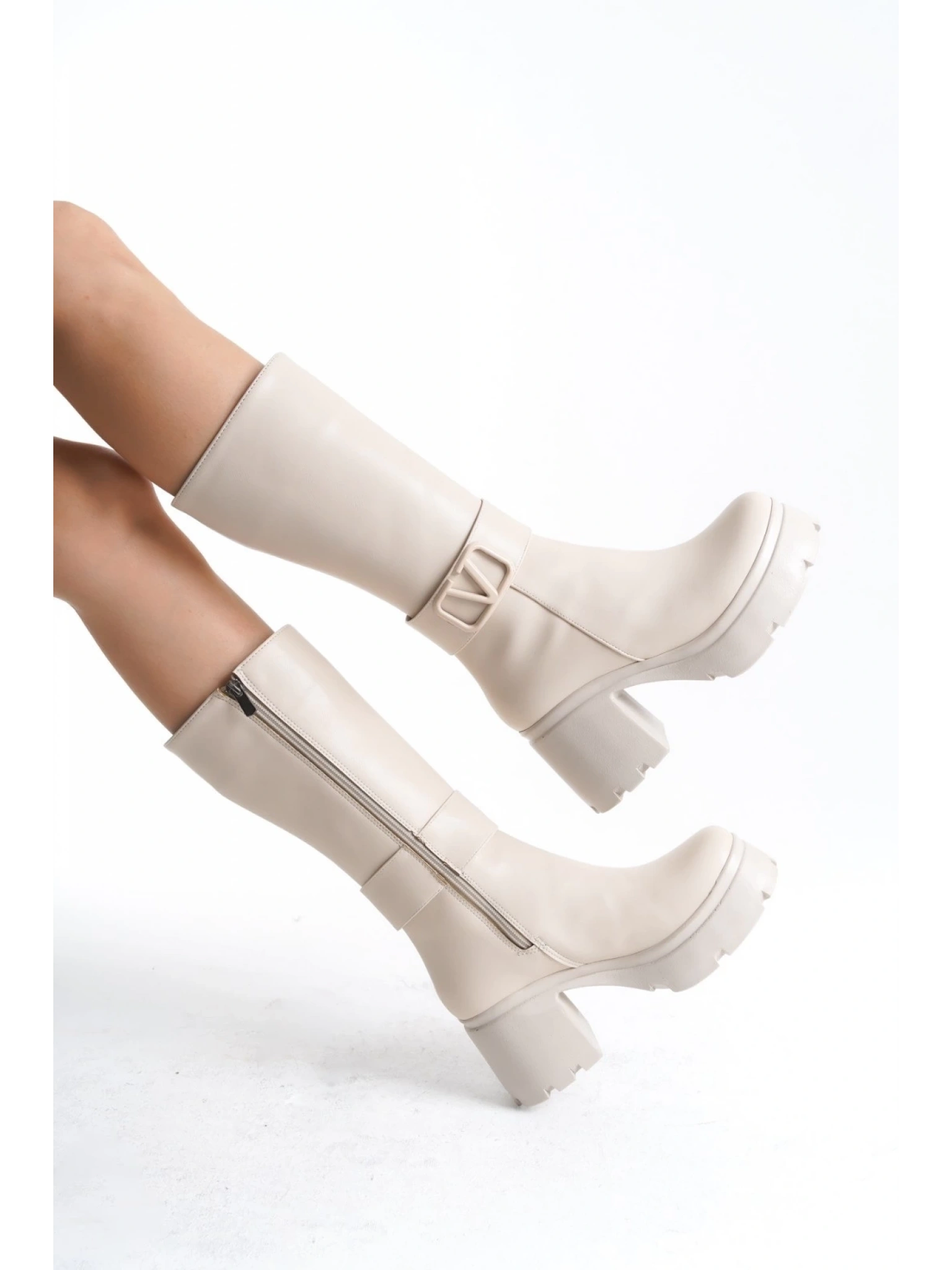 Moki Bej Cilt Topuklu Çizme