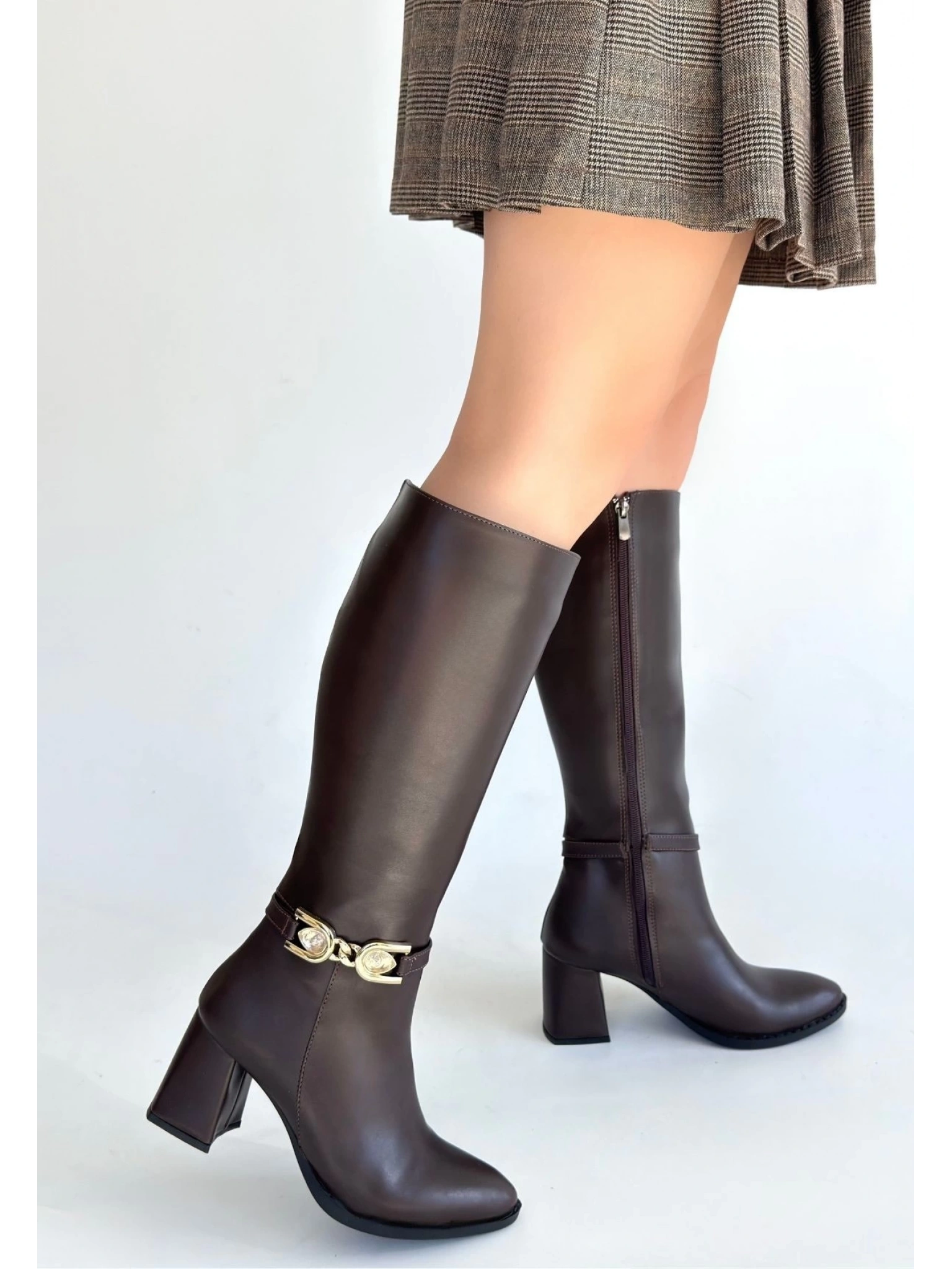 Mooni Kahverengi Cilt Topuklu Çizme