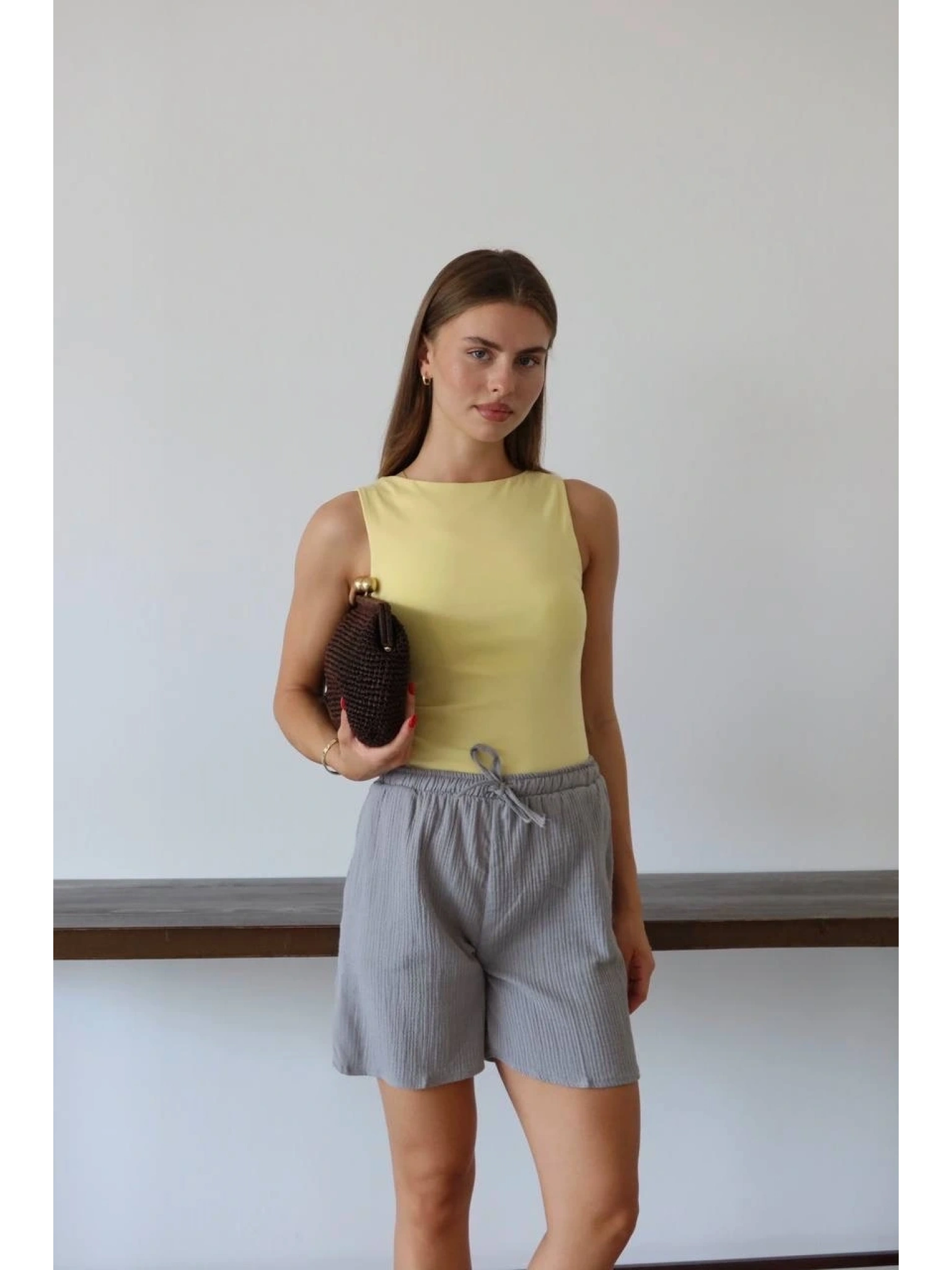 Müslin kumaş şort bağcıklı gri pt