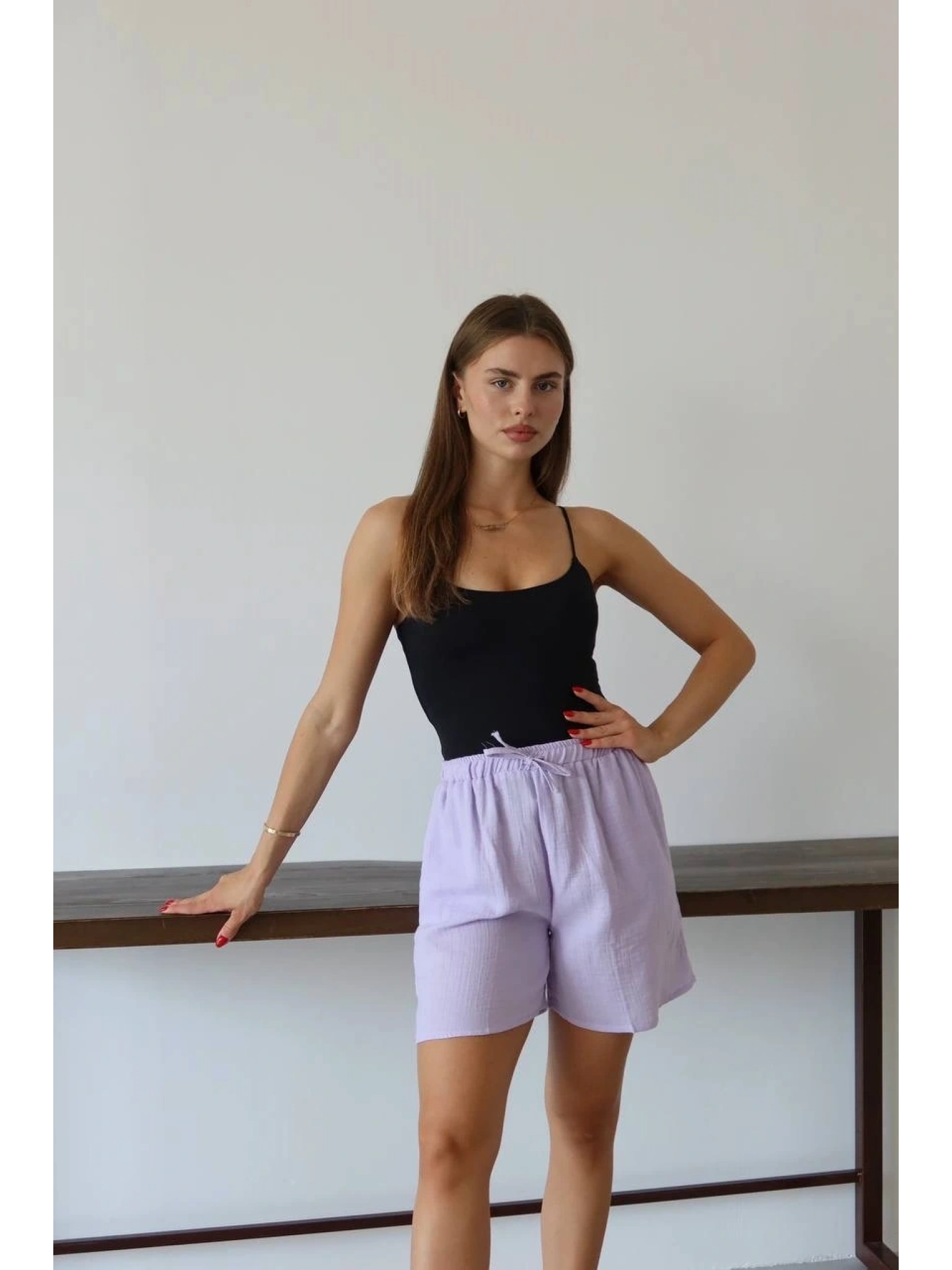 Müslin kumaş şort bağcıklı lila pt