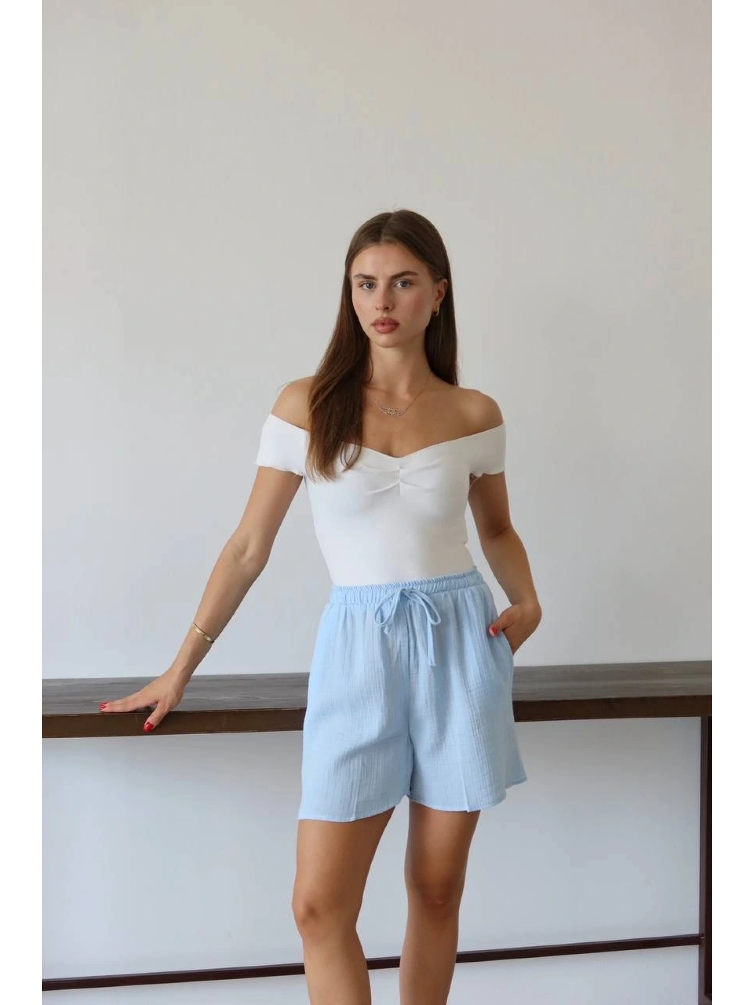 Müslin kumaş şort bağcıklı mavi pt