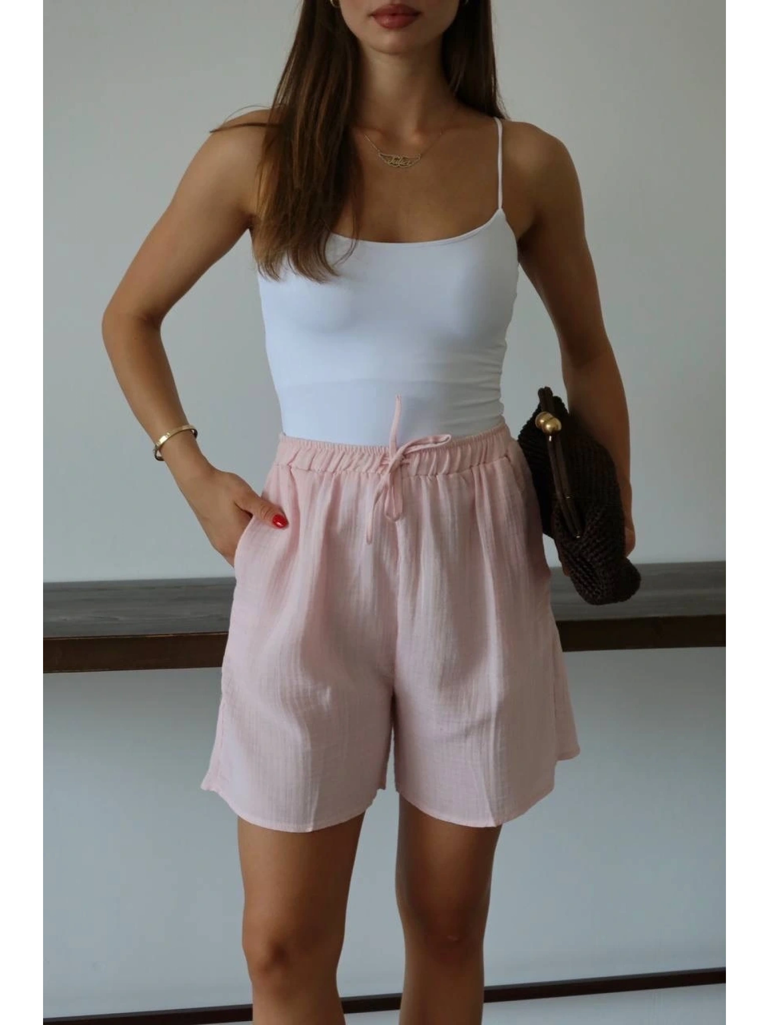 Müslin kumaş şort bağcıklı pembe pt