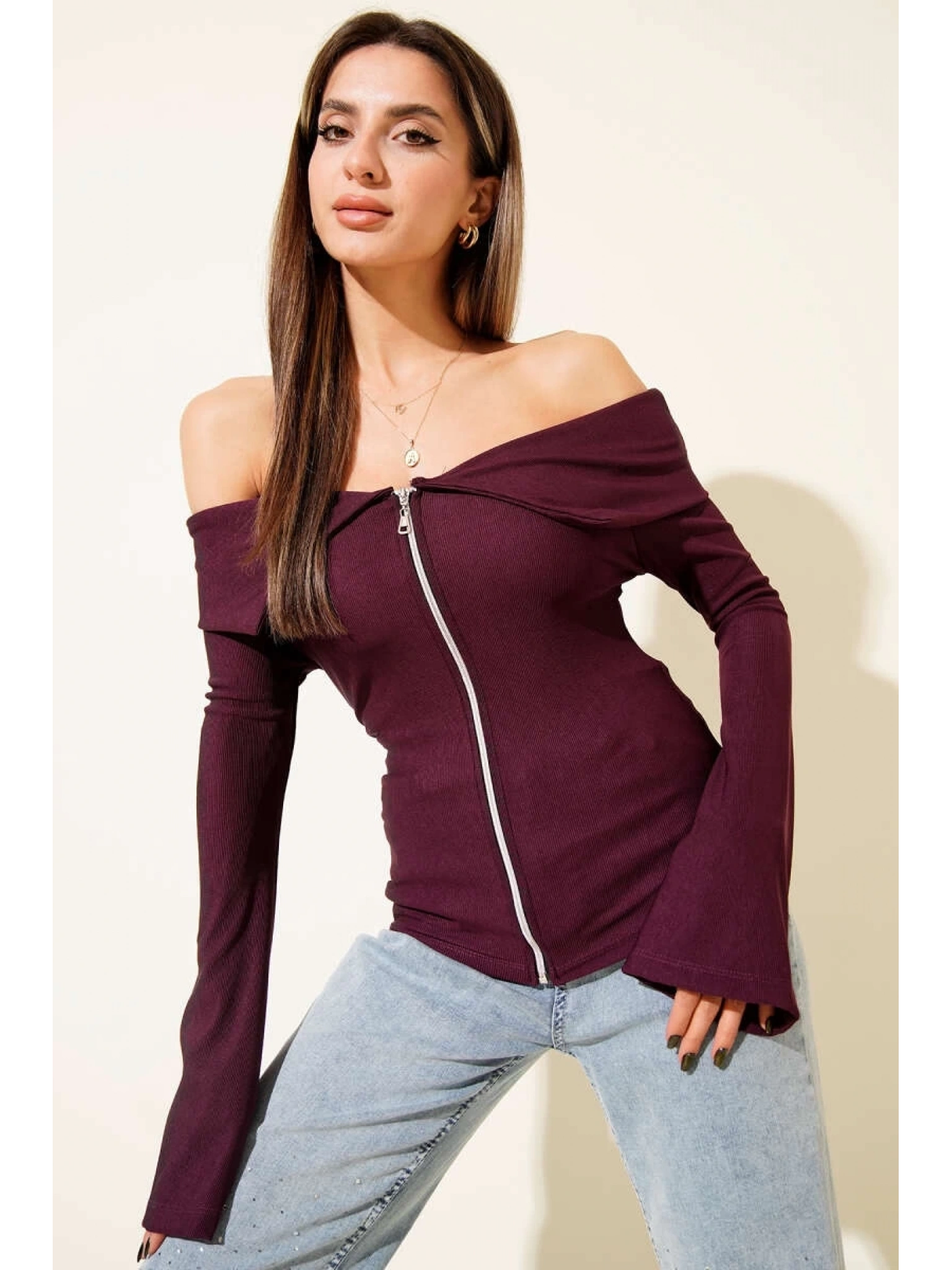 Omzu Açık Fermuarlı Bluz Mürdüm T4330