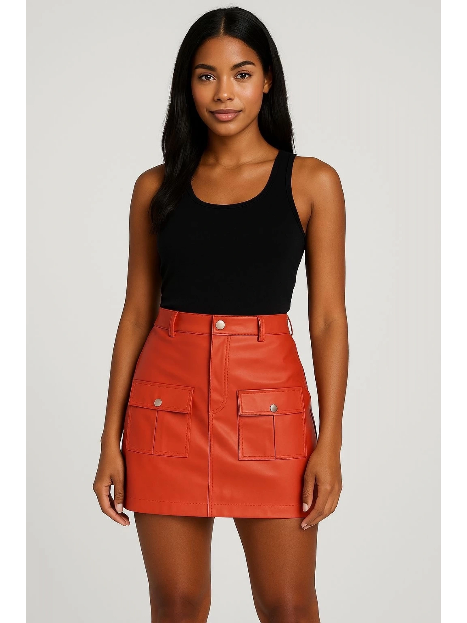 Önden iki cepli deri etek turuncu h240040