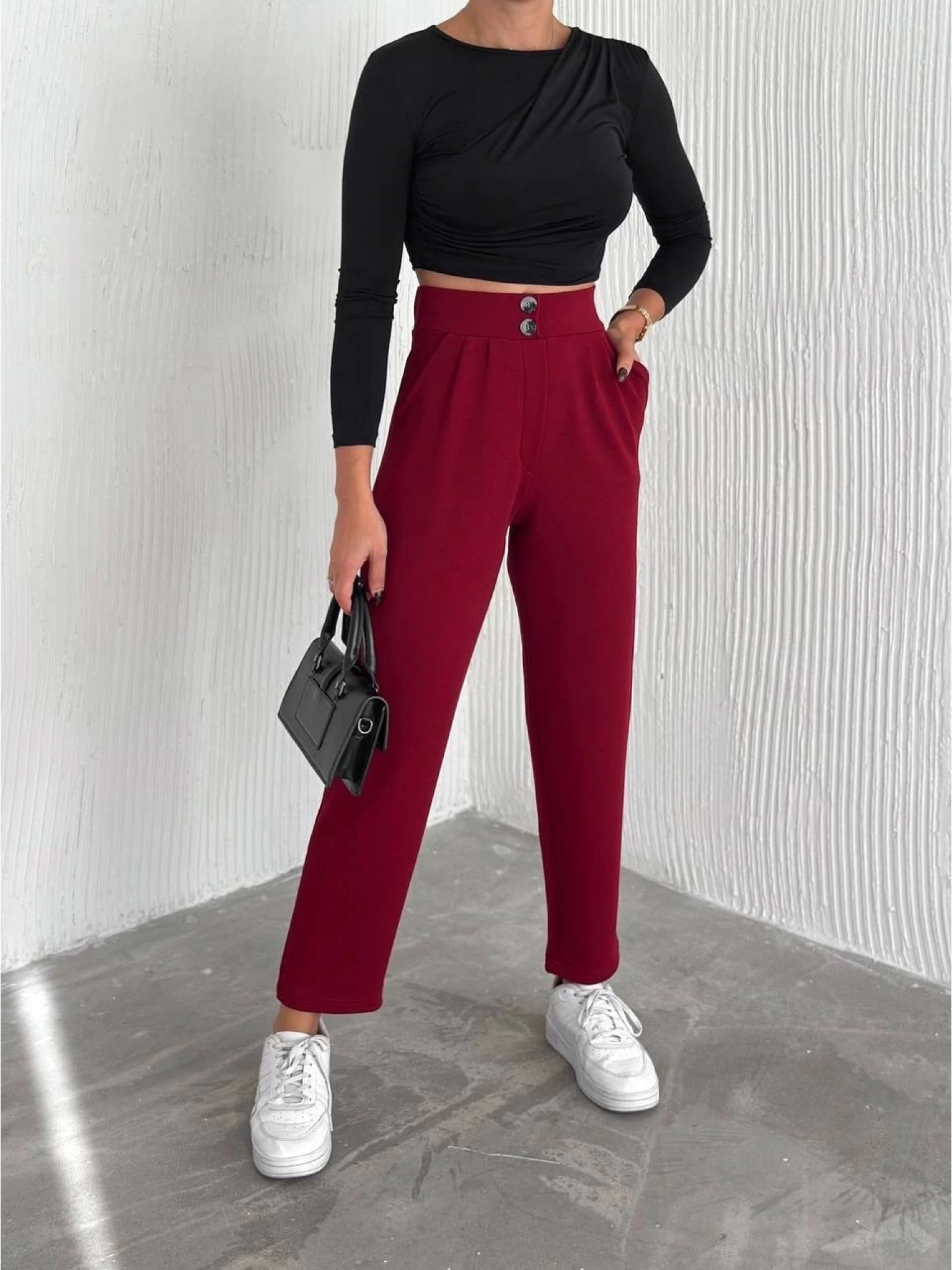 örme krep pantolon çift düğmeli