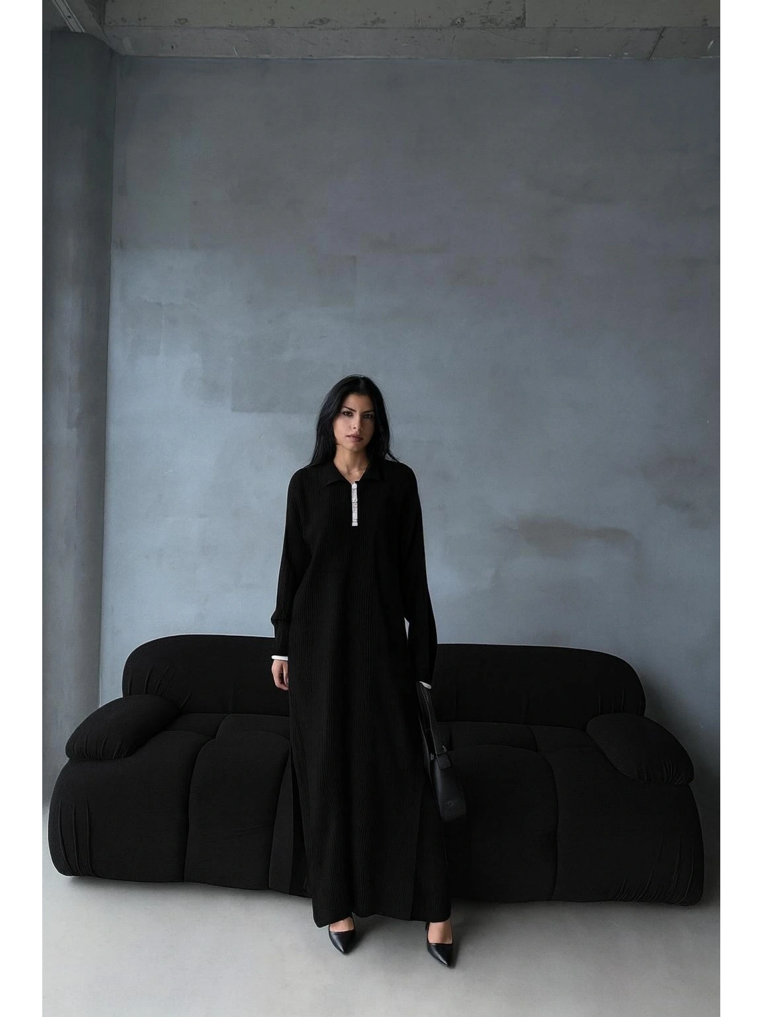 Pantolon yırtmaçlı elbise ikili triko takım siyah elf